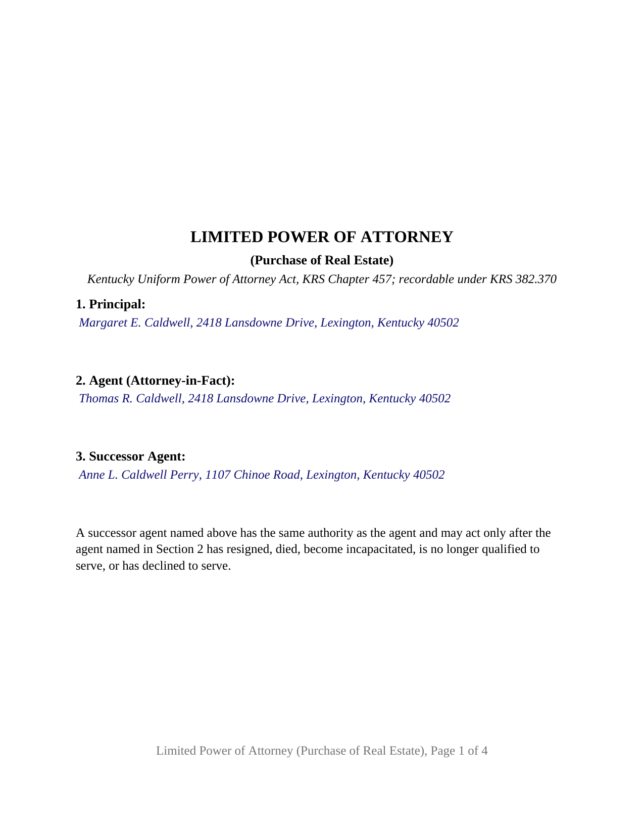 Mccracken County Completed Example of the Power of Attorney (Limited, Purchase of Real Estate) Document