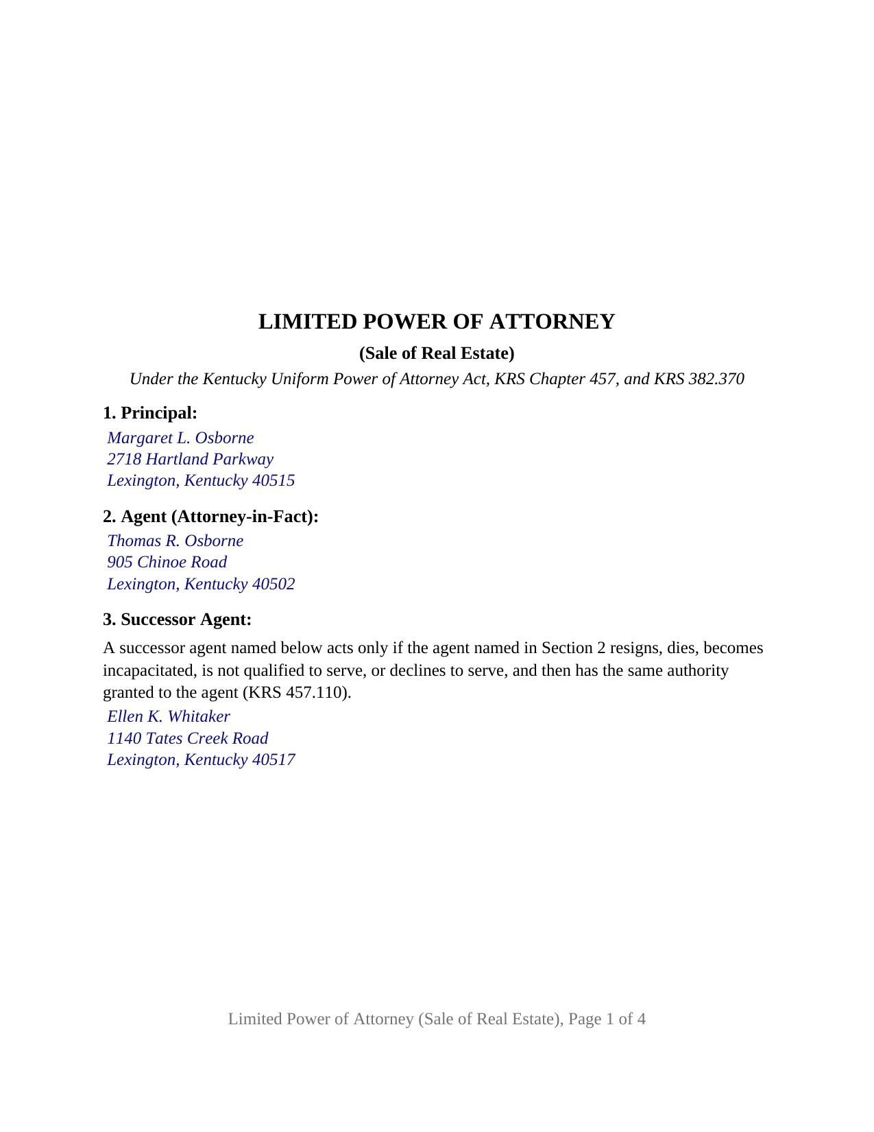 Marshall County Completed Example of the Power of Attorney (Limited, Sale of Real Estate) Document
