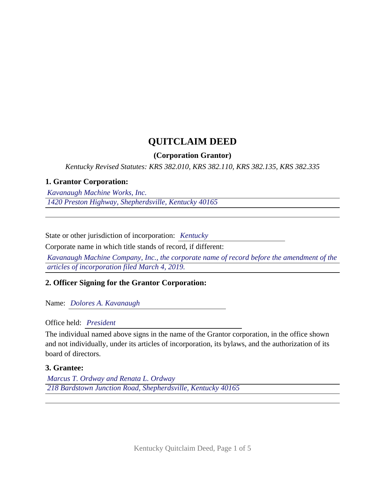 Green County Completed Example of the Quitclaim Deed (Corporation Grantor) Document