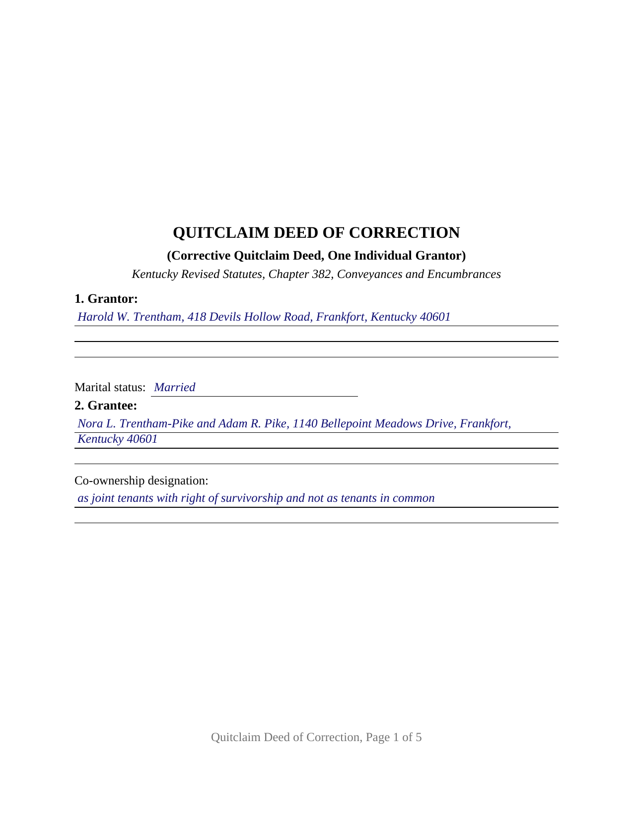Lee County Completed Example of the Quitclaim Deed (Corrective) Document