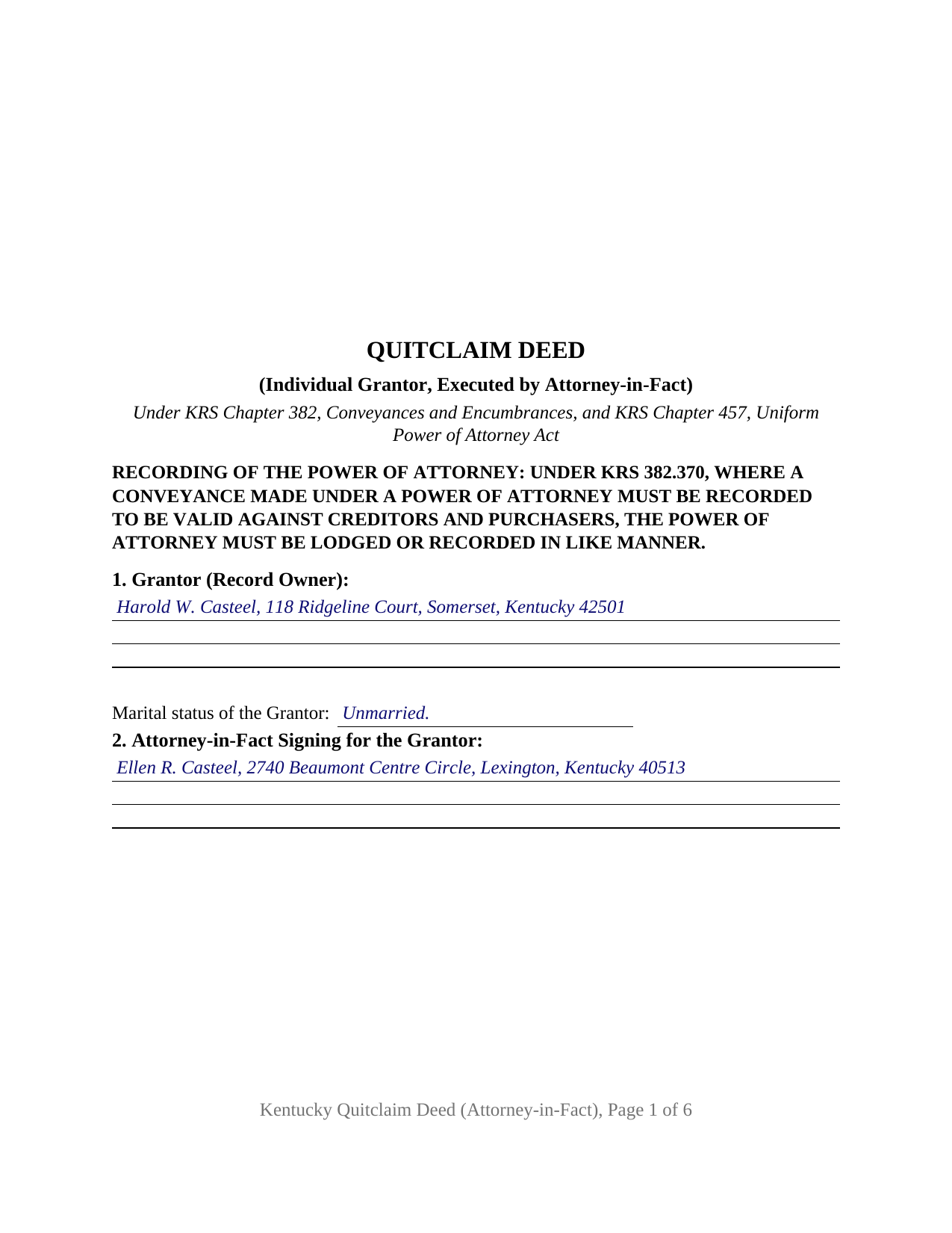 Wolfe County Completed Example of the Quitclaim Deed (Individual Grantor by Attorney-in-Fact) Document