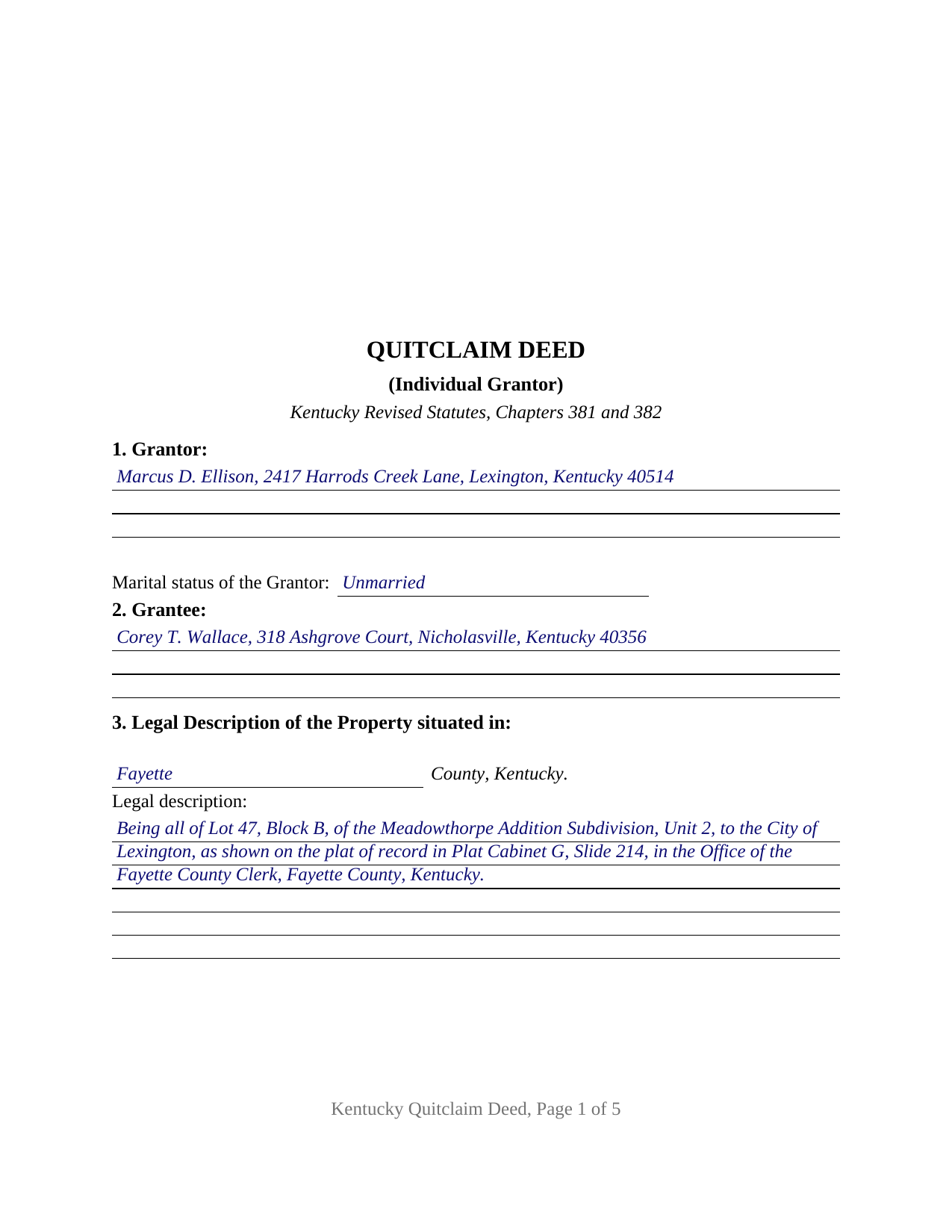 Edmonson County Completed Example of the Quitclaim Deed (Individual Grantor) Document