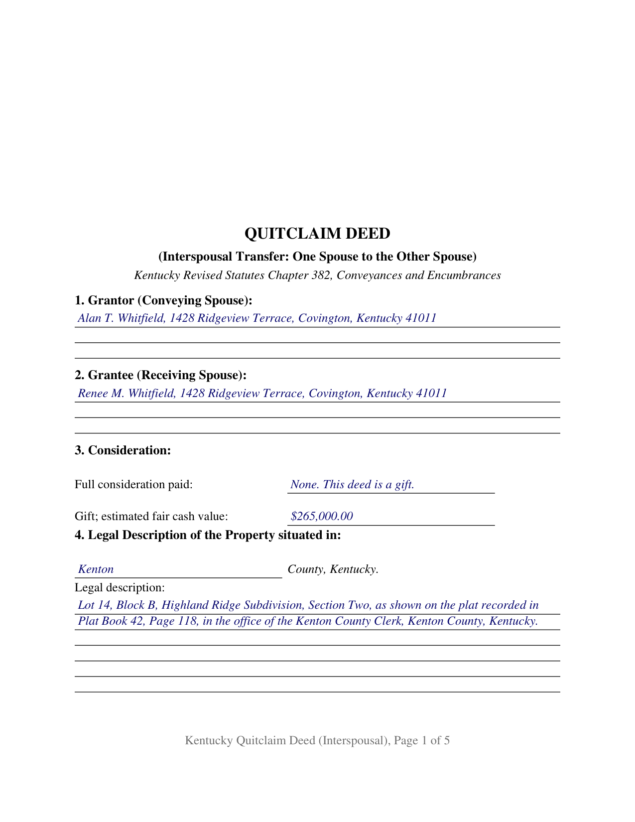 Logan County Completed Example of the Quitclaim Deed (Interspousal) Document