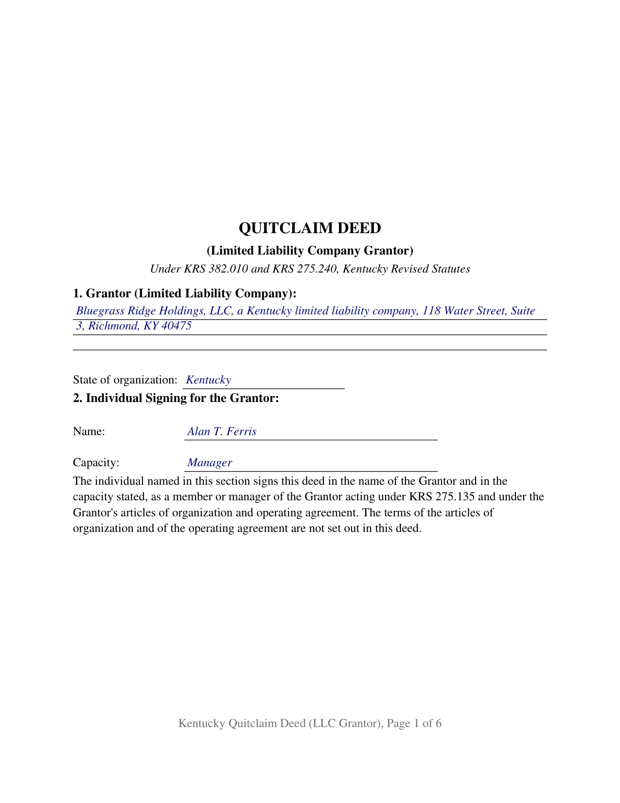 Metcalfe County Completed Example of the Quitclaim Deed (LLC Grantor) Document