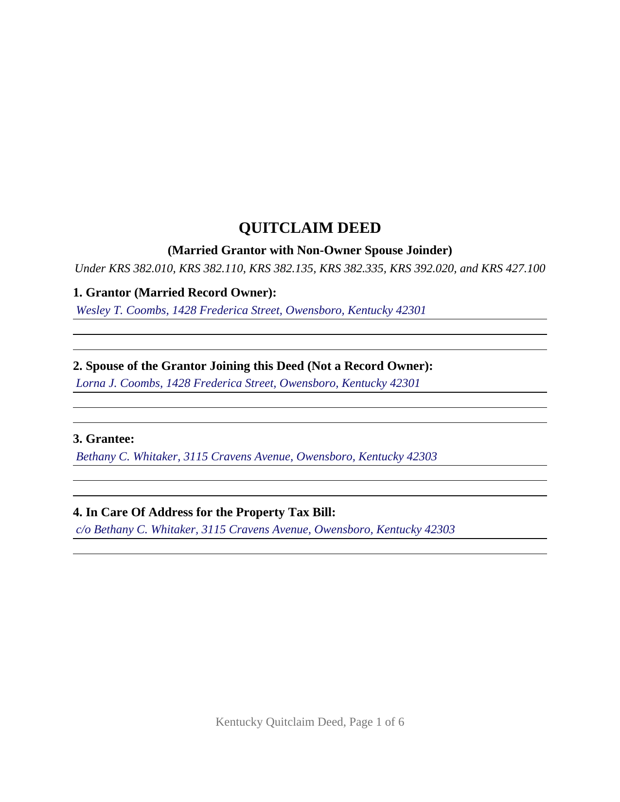 Powell County Completed Example of the Quitclaim Deed (Married Grantor with Non-Owner Spouse Joinder) Document