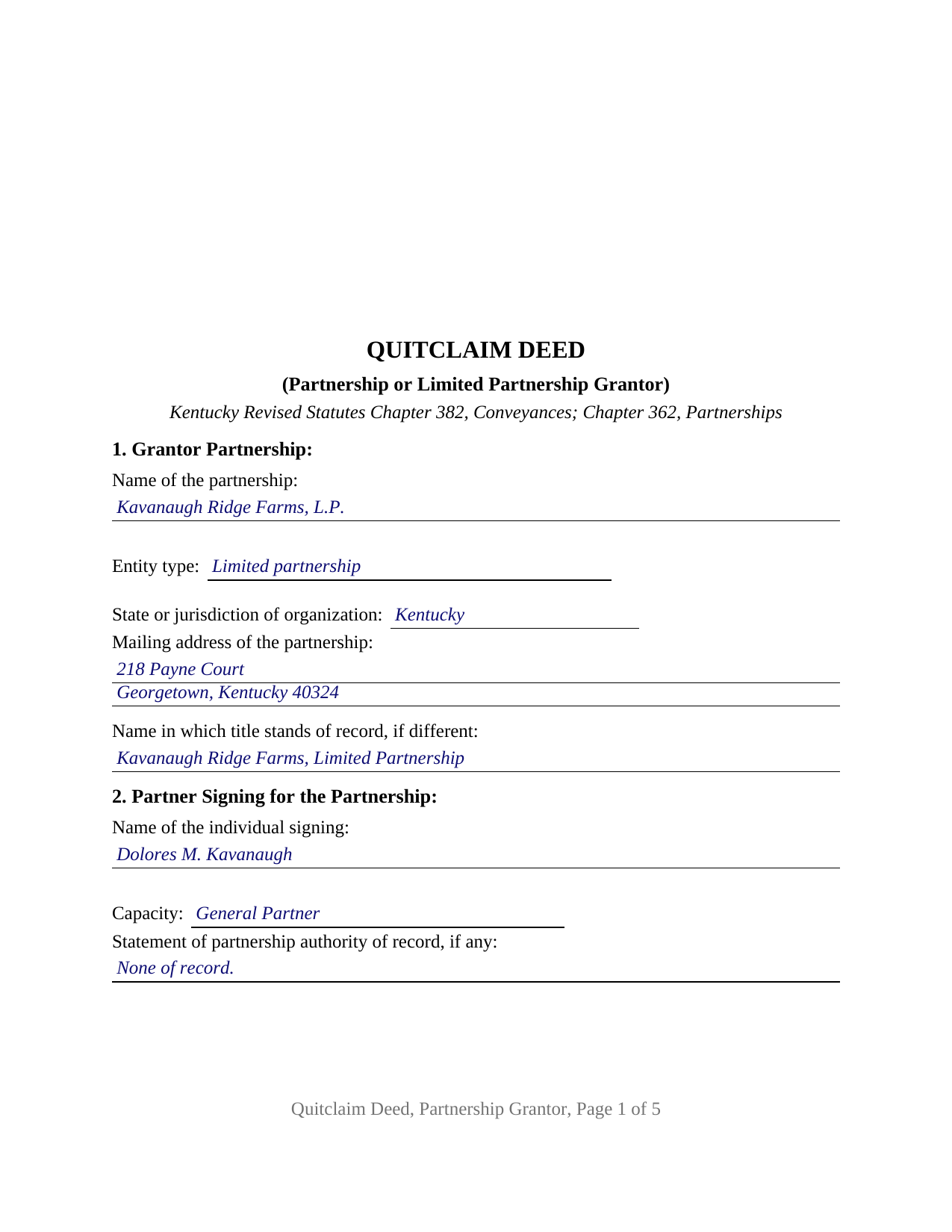 Boyd County Completed Example of the Quitclaim Deed (Partnership or Limited Partnership Grantor) Document