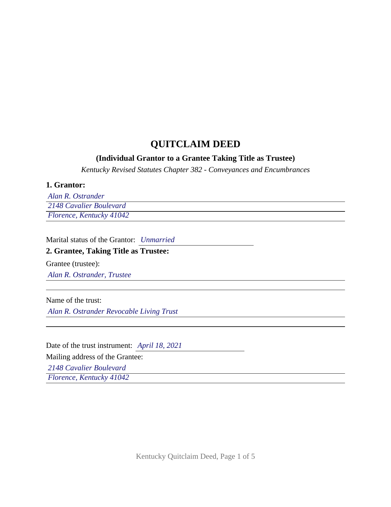 Laurel County Completed Example of the Quitclaim Deed (Trustee Grantee) Document
