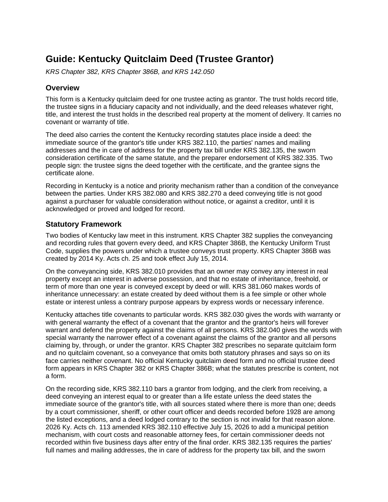 Edmonson County Quitclaim Deed (Trustee Grantor) Guide