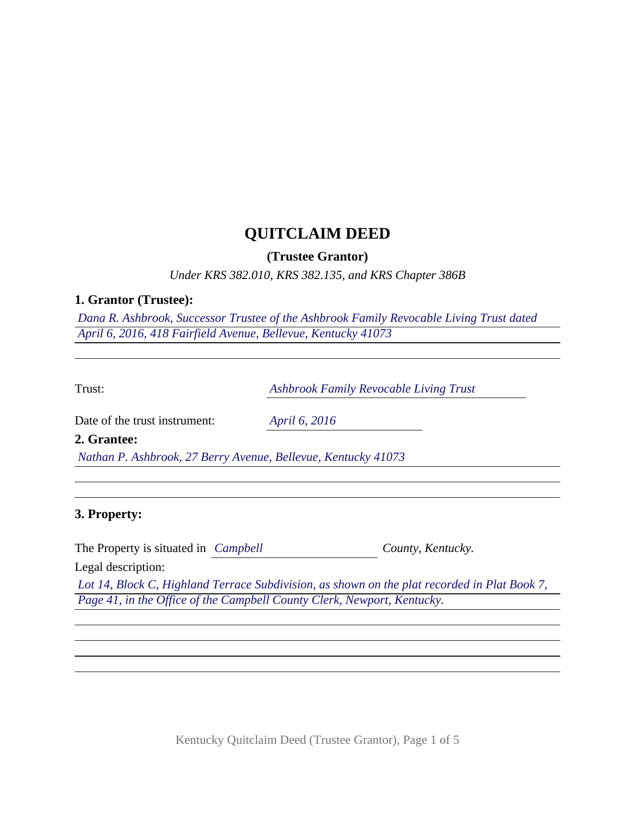 Edmonson County Completed Example of the Quitclaim Deed (Trustee Grantor) Document