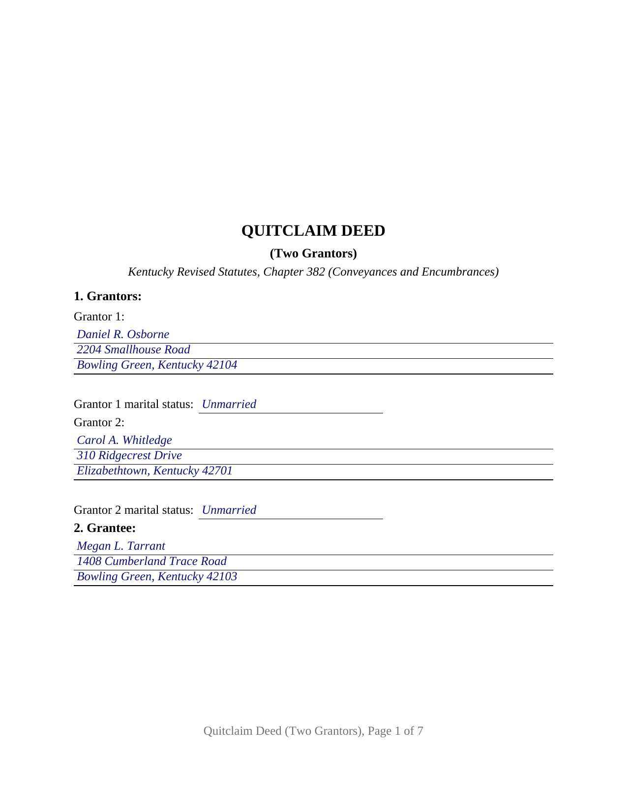 Ballard County Completed Example of the Quitclaim Deed (Two Grantors) Document