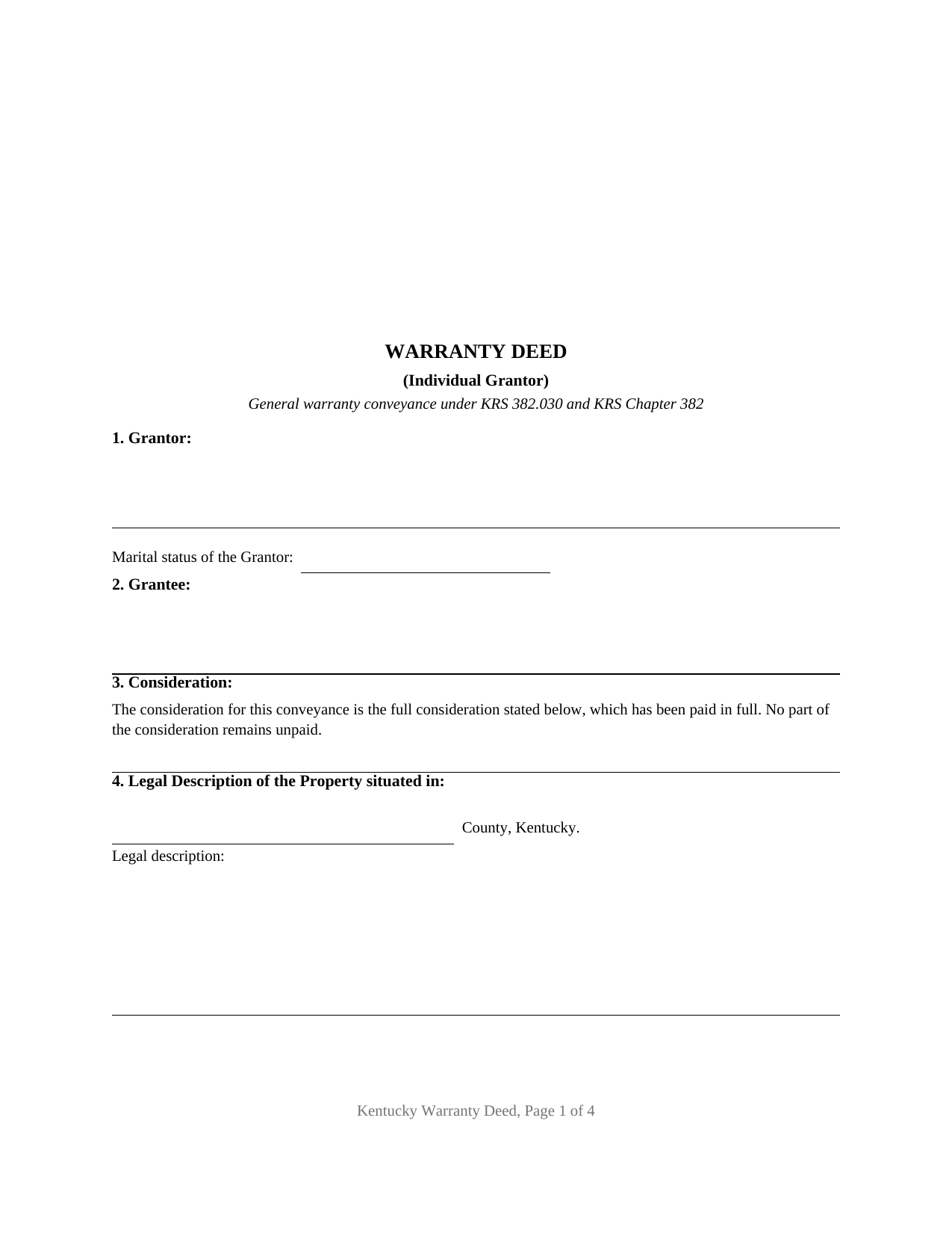Edmonson County Warranty Deed (Individual Grantor) Form