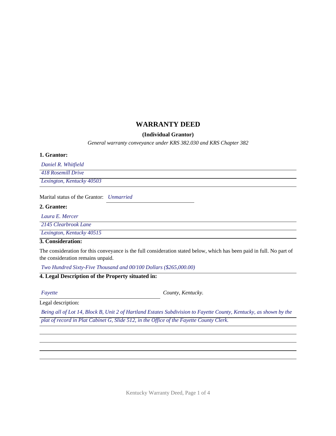 Edmonson County Completed Example of the Warranty Deed (Individual Grantor) Document