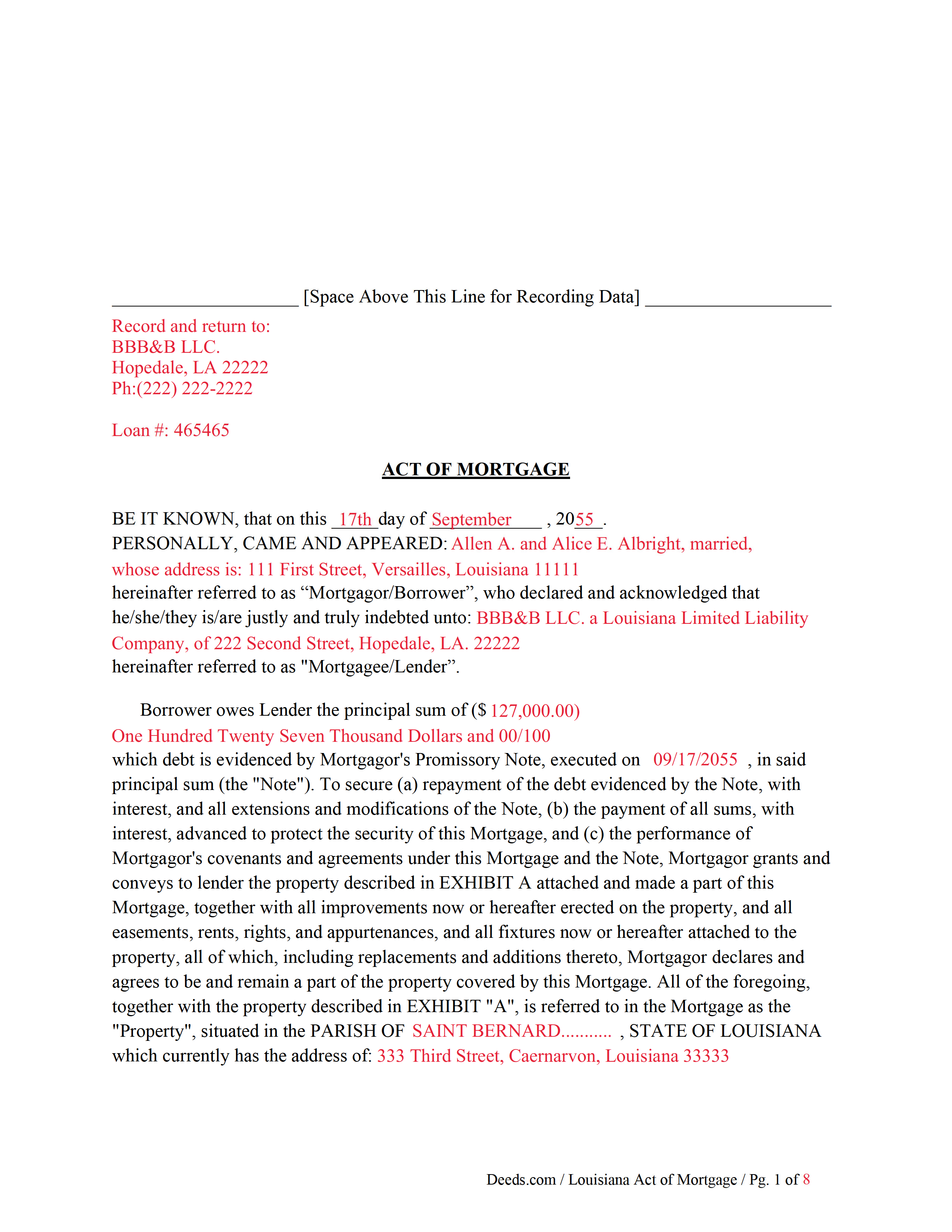 Assumption Parish Completed Example of an Act of Mortgage Document