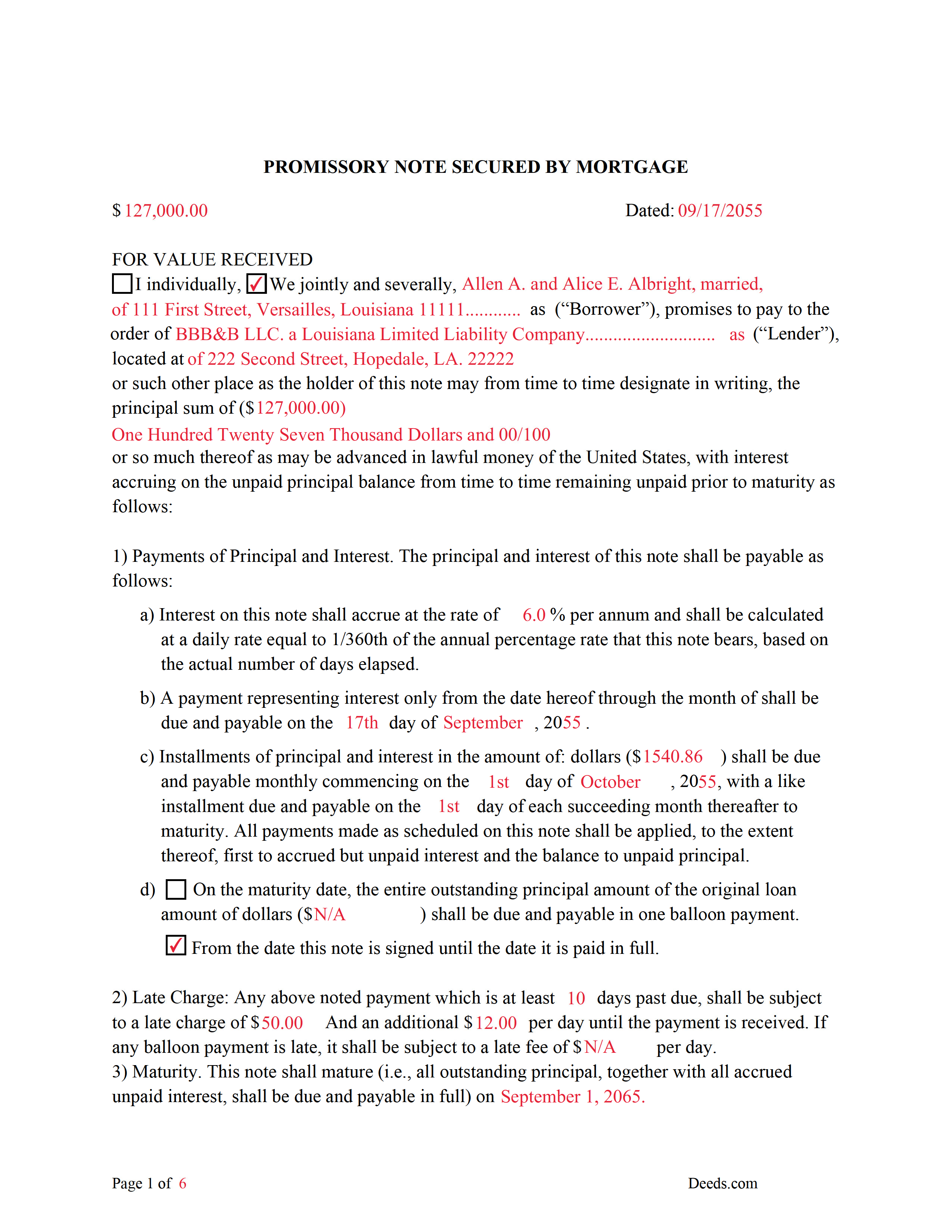 Completed Example of the Promissory Note Document