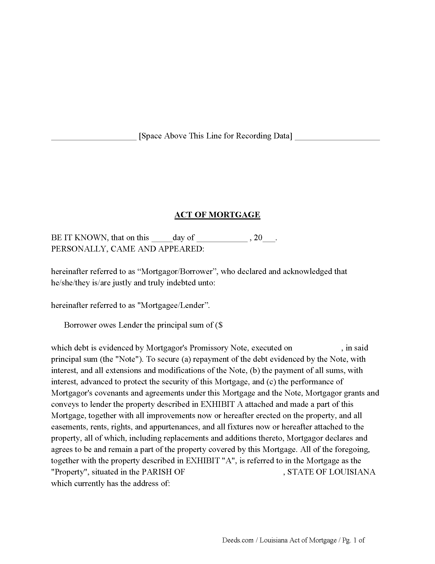 Assumption Parish Act of Mortgage Form