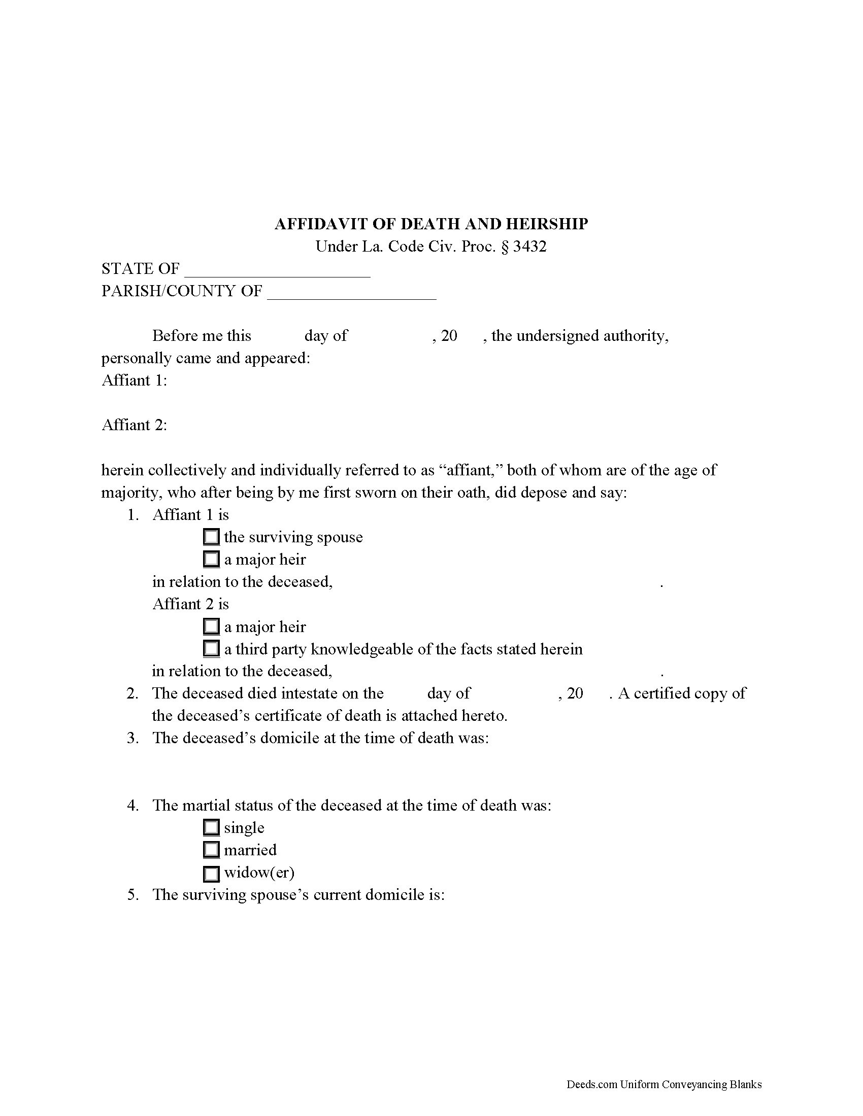 Affidavit of Death and Heirship Form