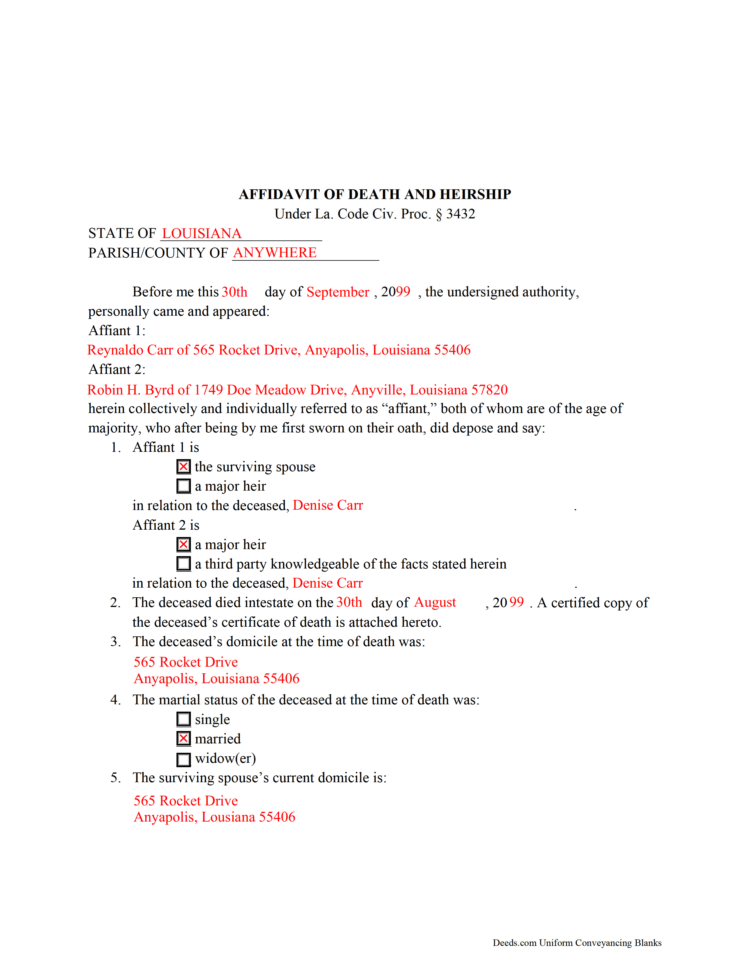 Completed Example of the Affidavit of Death and Heirship Document