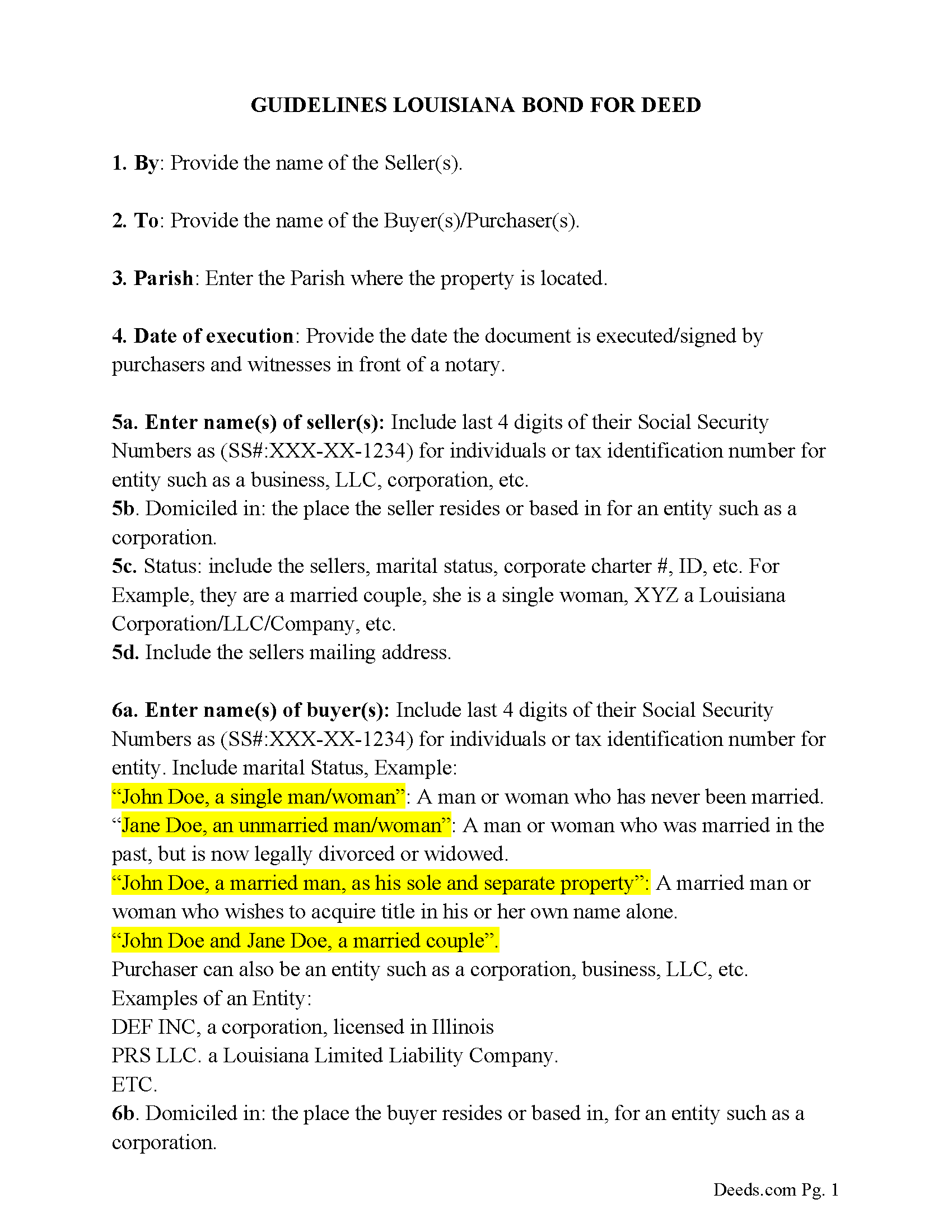 West Feliciana Parish Bond for Deed Guidelines