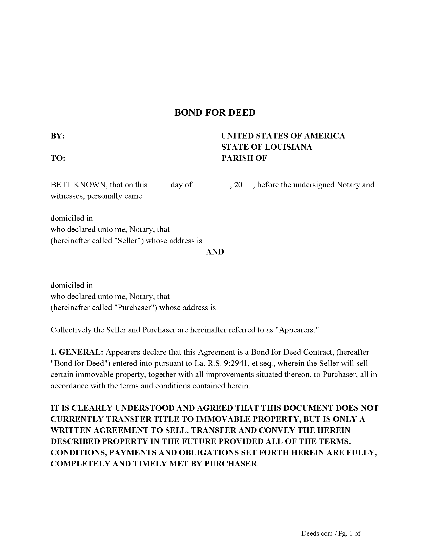 West Feliciana Parish Bond for Deed Form