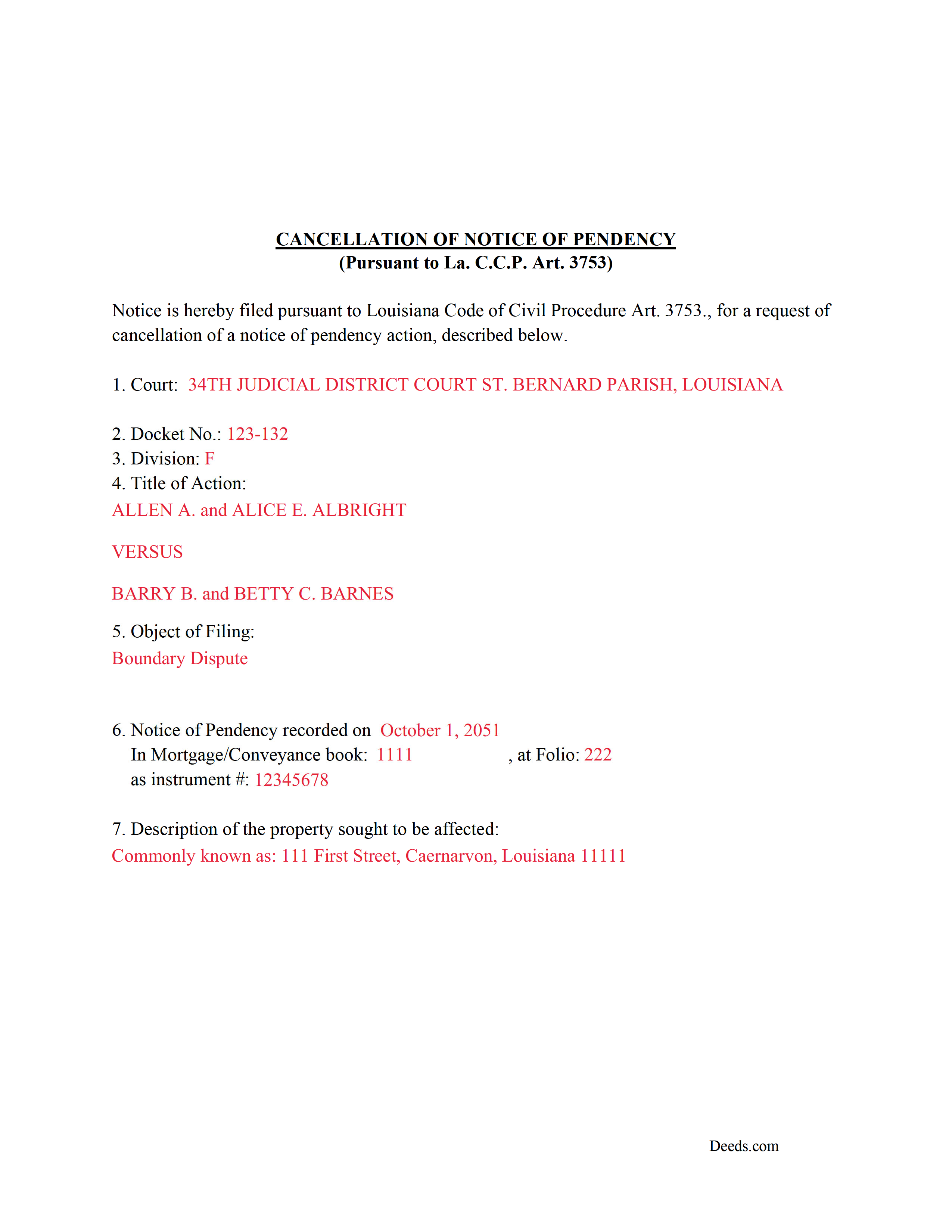 Assumption Parish Completed Example of Cancellation Document