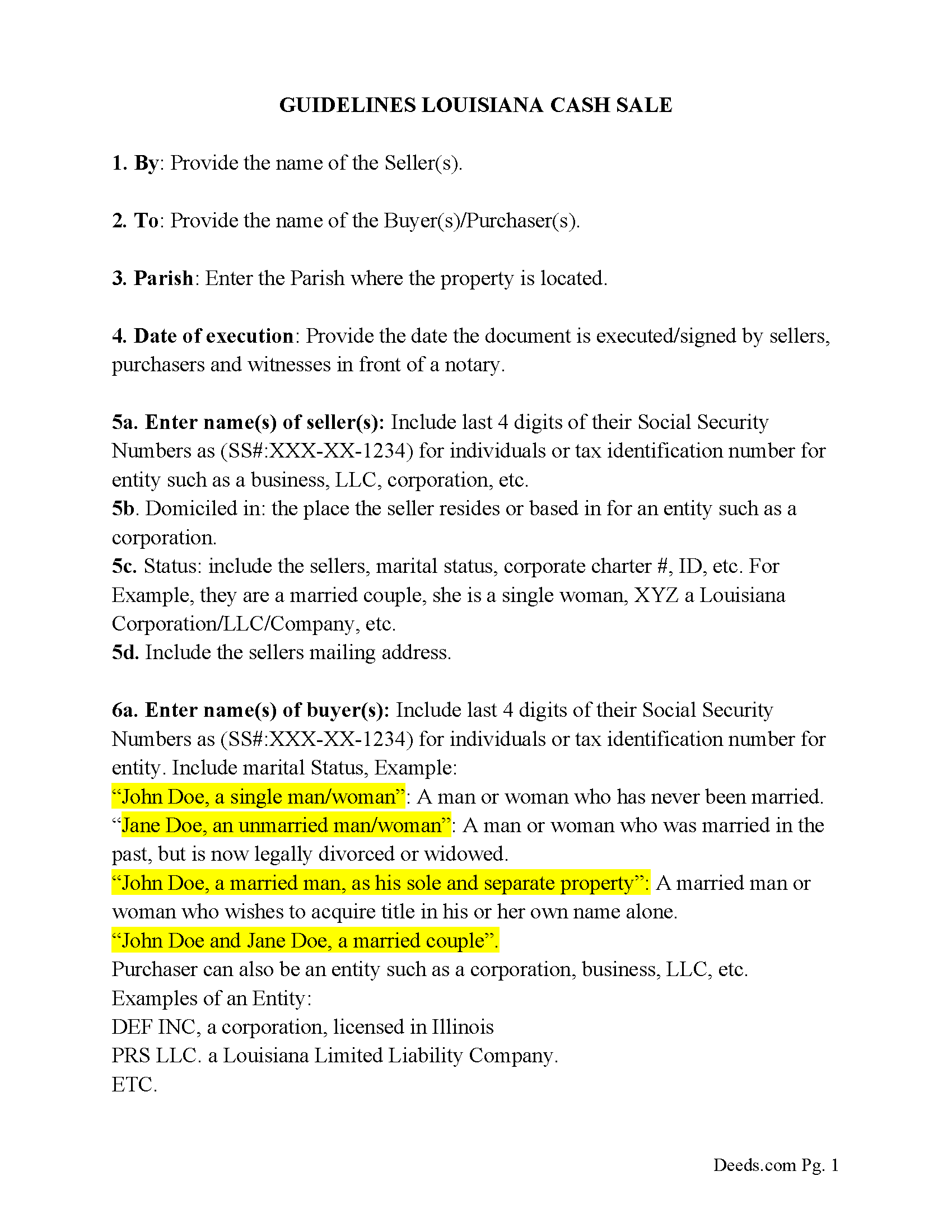Assumption Parish Cash Sale Guidelines