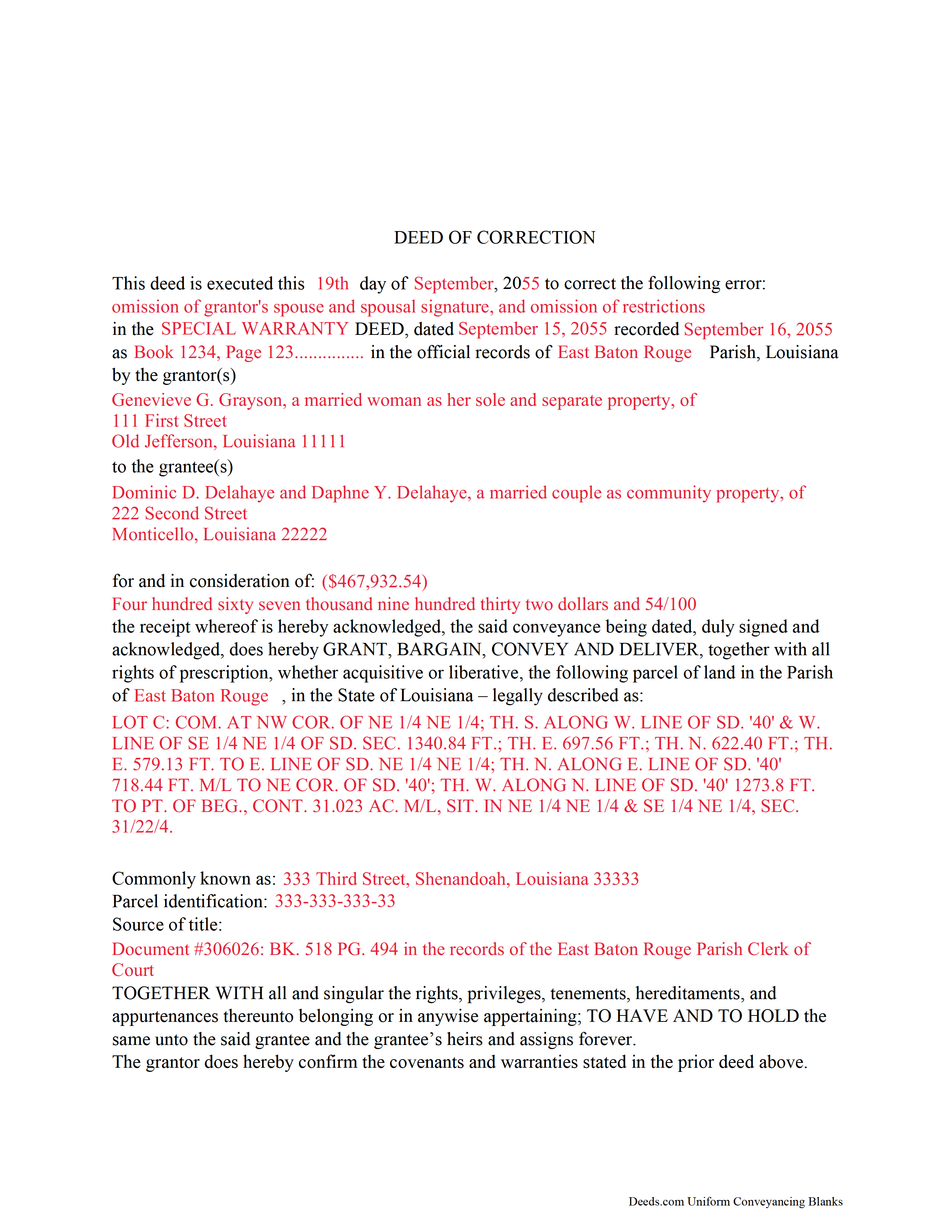 Completed Example of the Correction Deed Document