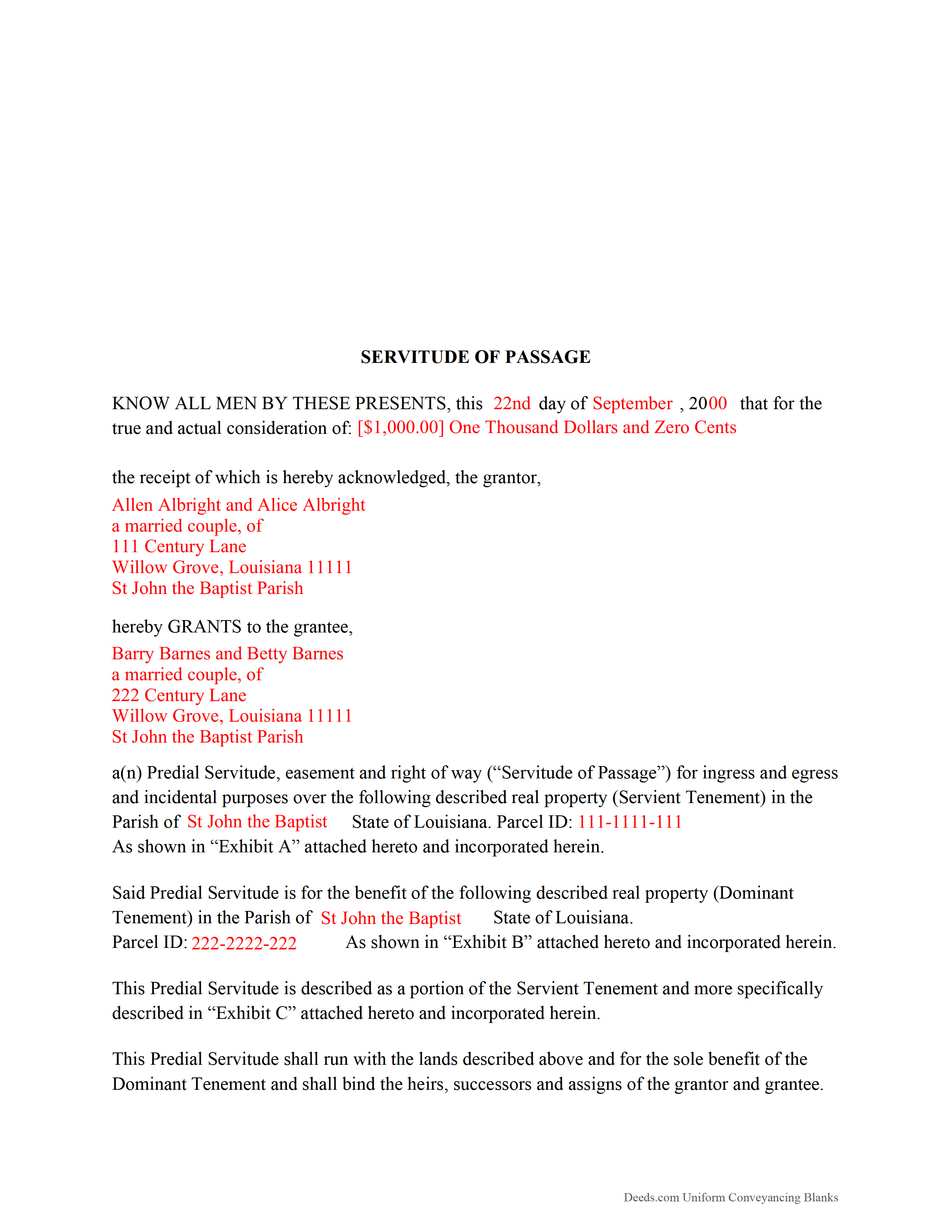 Assumption Parish Completed Example of the Servitude of Passage Document