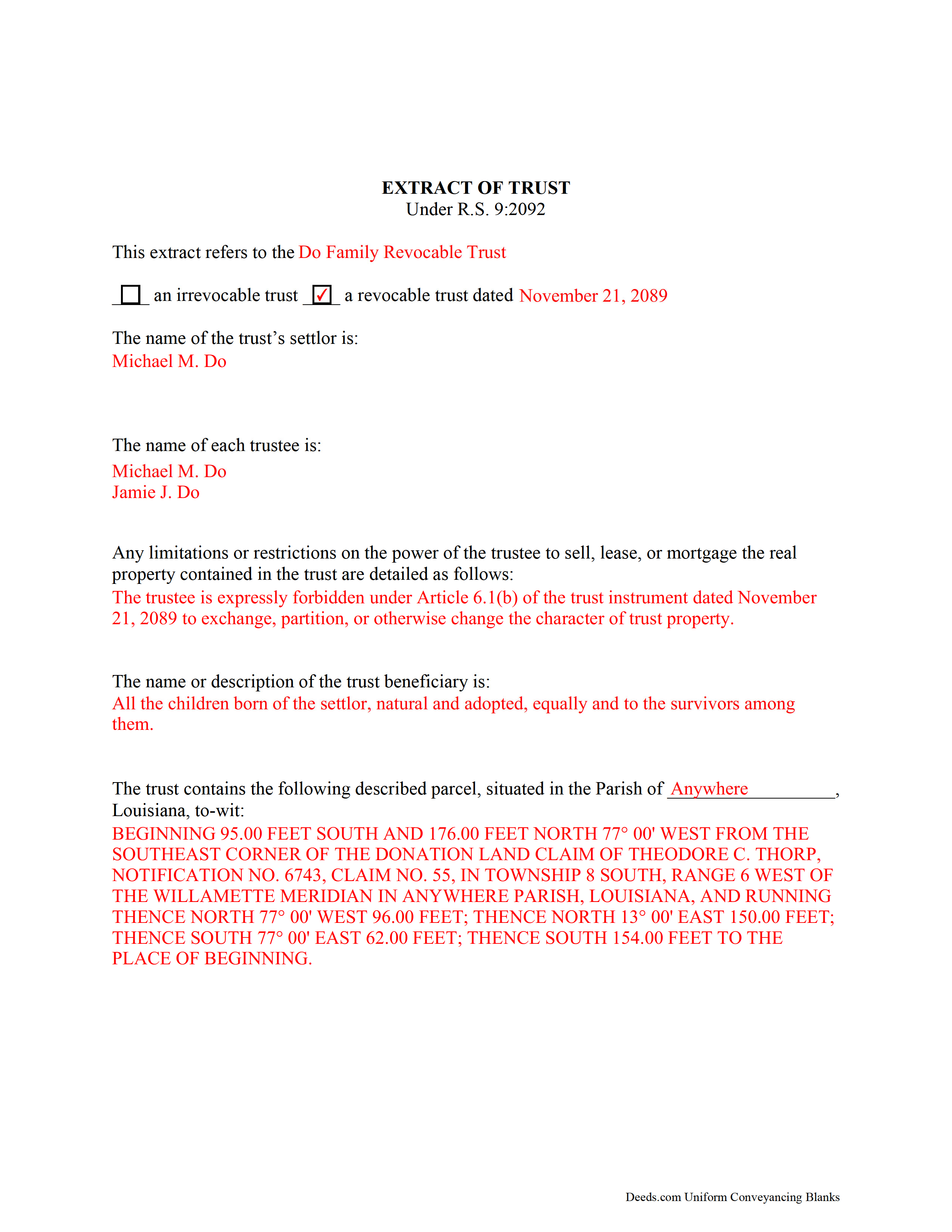 Completed Example of the Extract of Trust Document