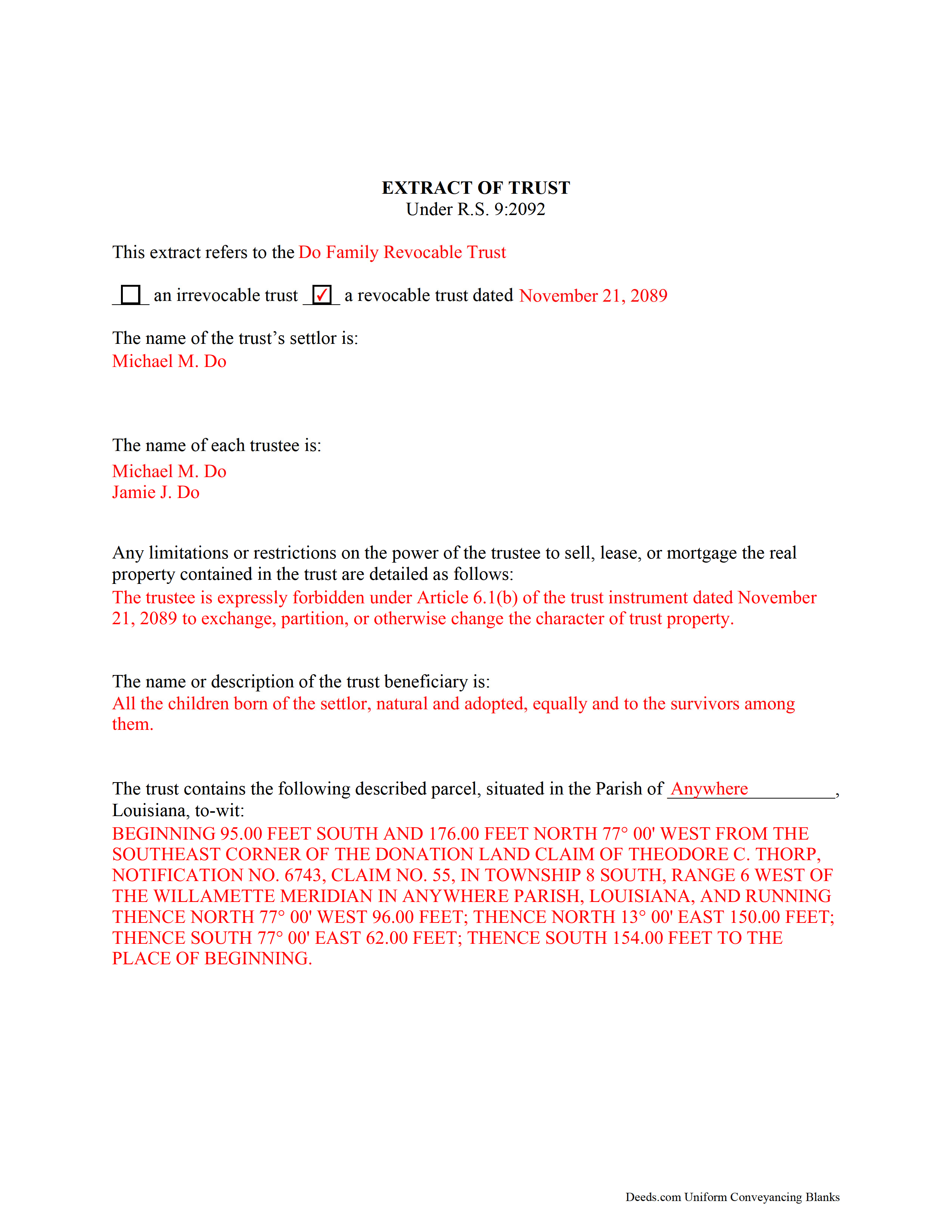 Assumption Parish Completed Example of the Extract of Trust Document