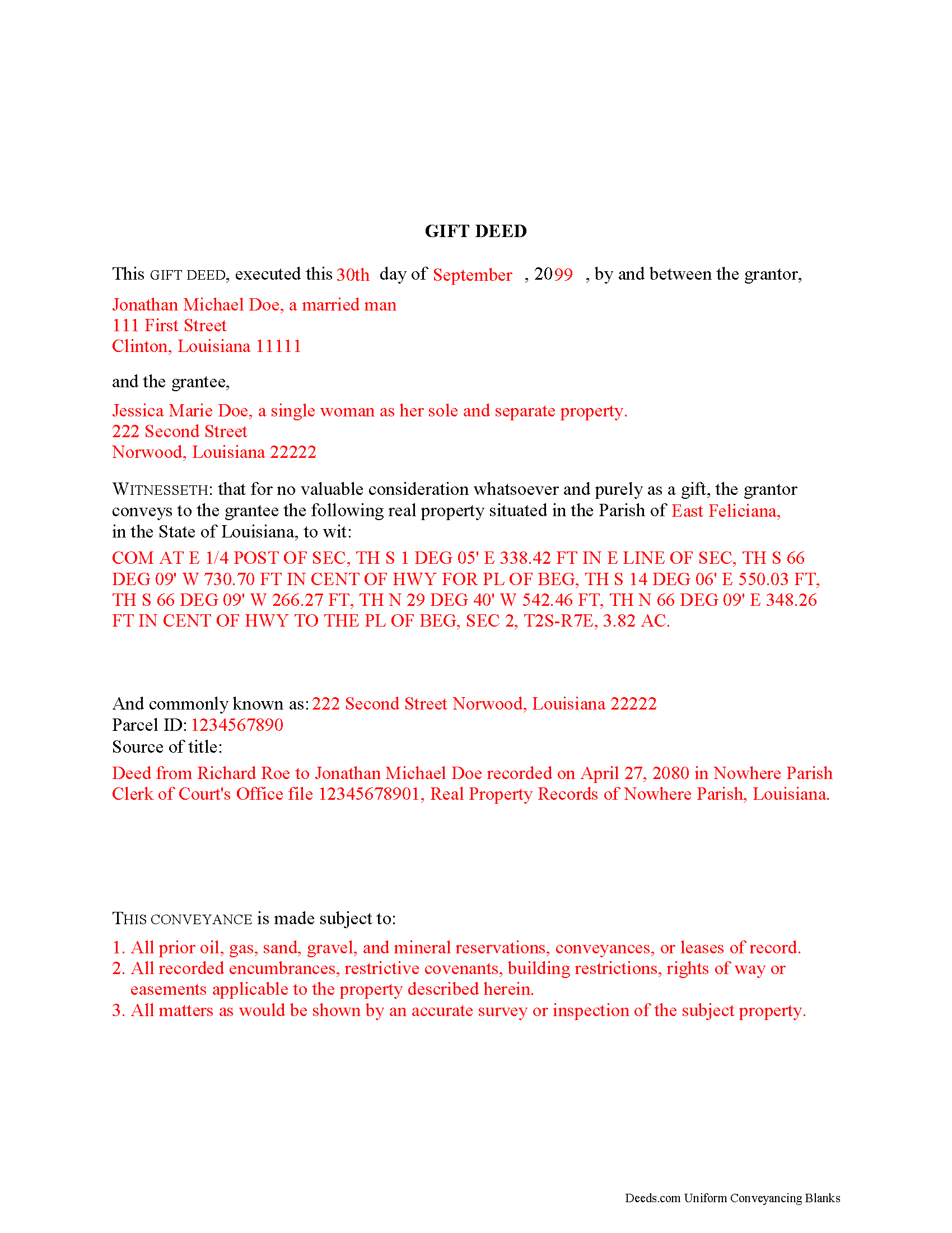 Jefferson Davis Parish Completed Example of the Gift Deed Document