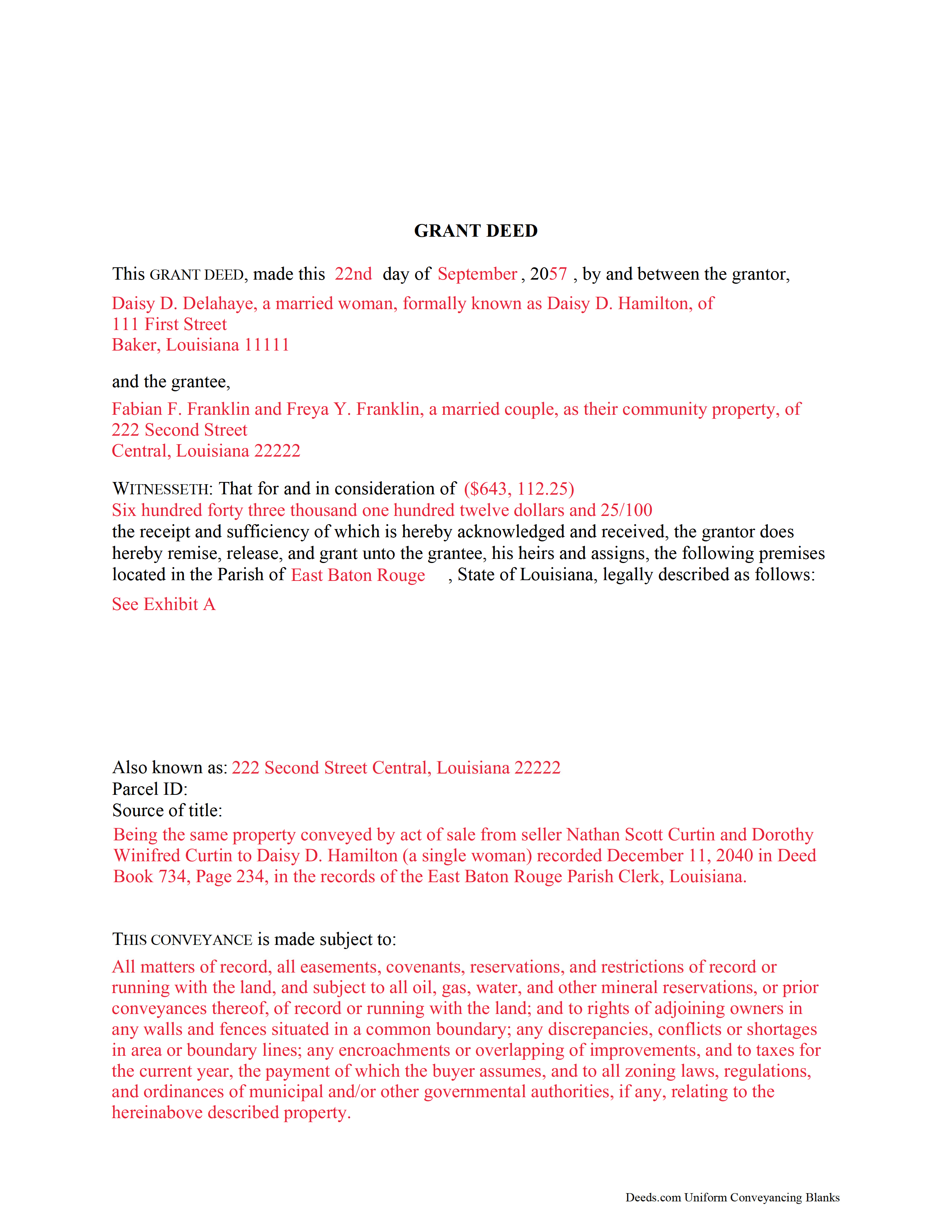 Assumption Parish Completed Example of the Grant Deed Document