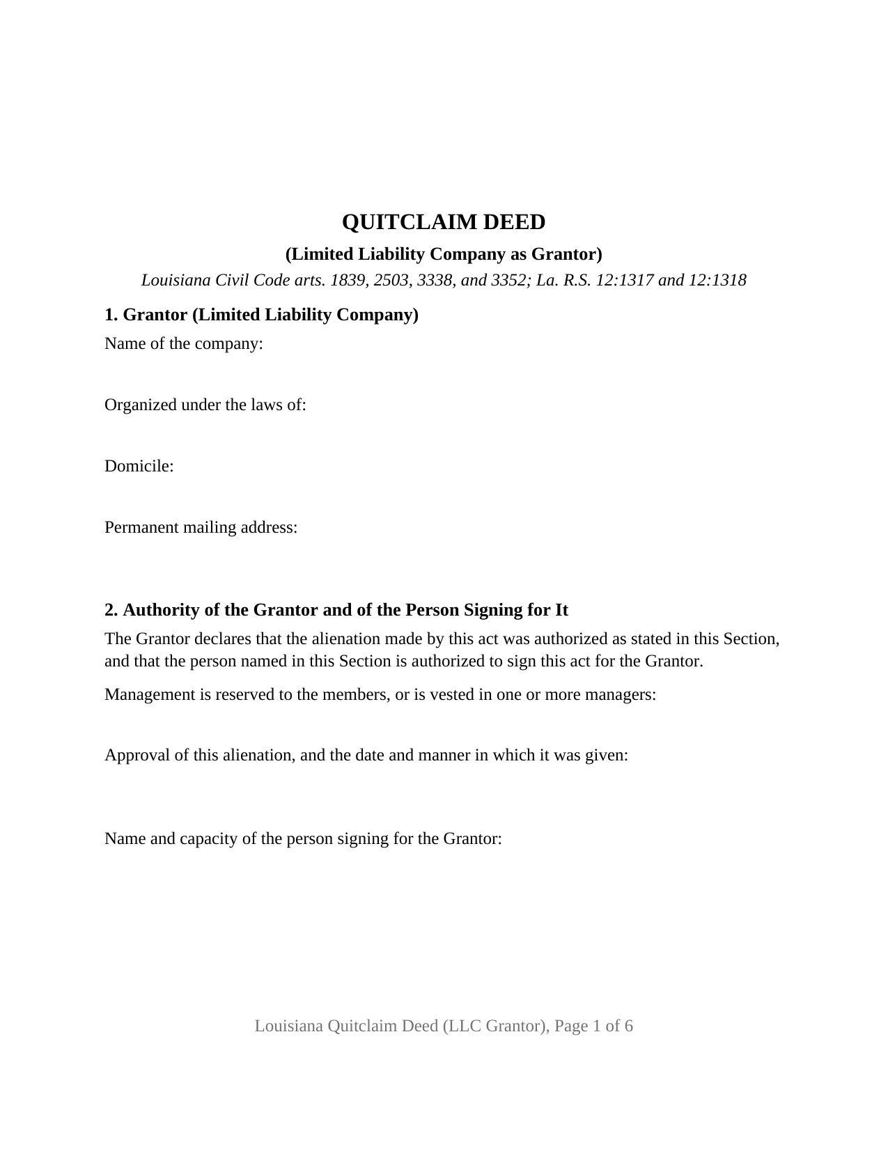Louisiana Quitclaim Deed (LLC Grantor)