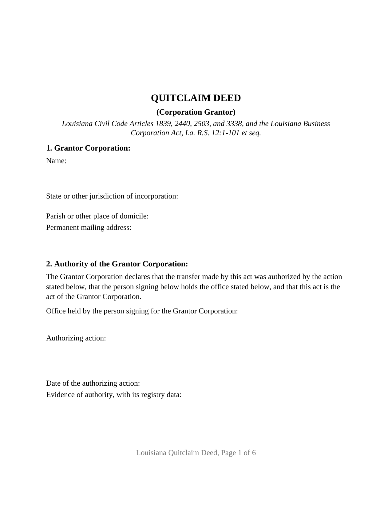 Louisiana Quitclaim Deed (Corporation Grantor)