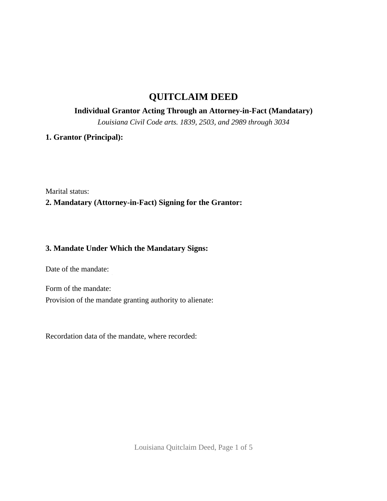 Louisiana Quitclaim Deed (Individual Grantor by Attorney-in-Fact)