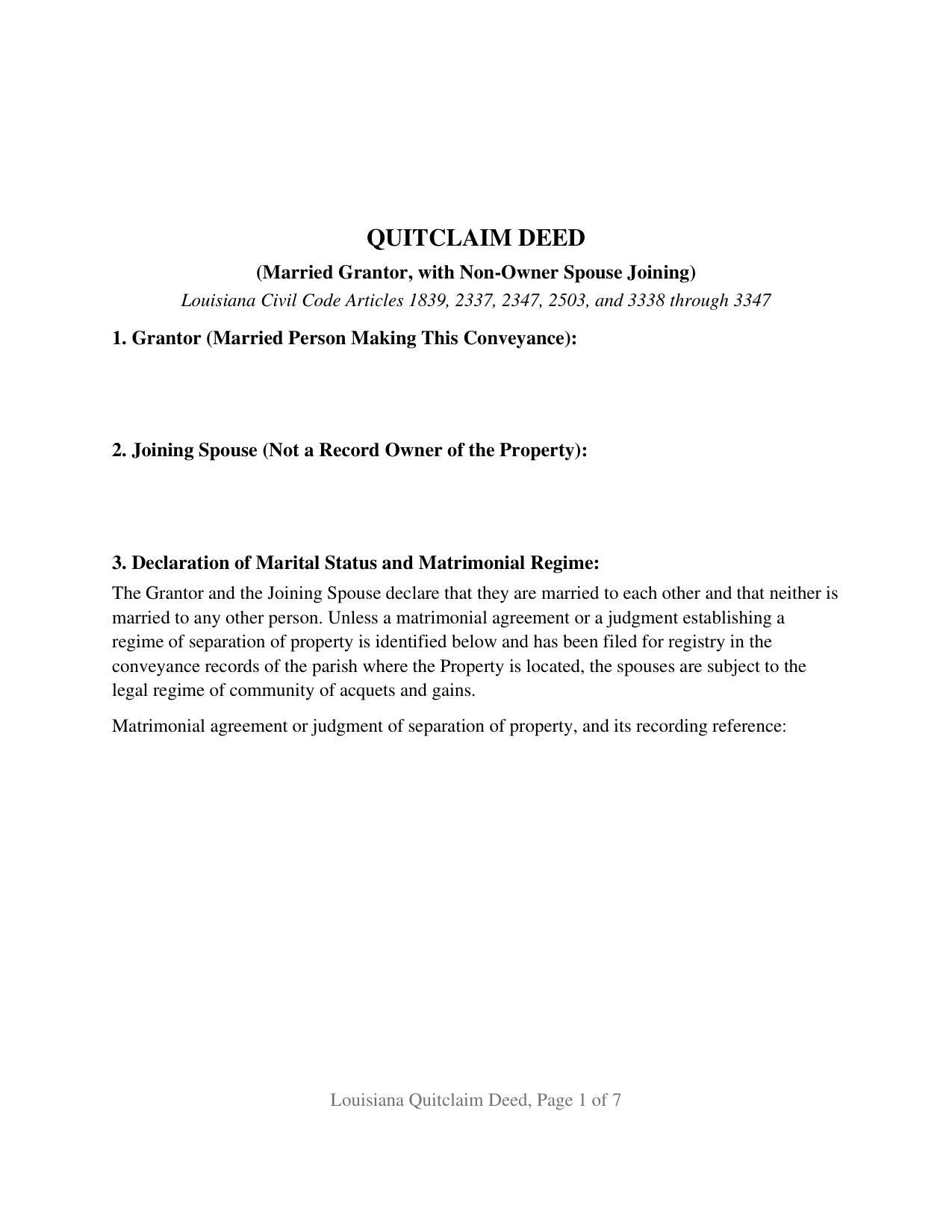 Louisiana Quitclaim Deed (Married Grantor with Non-Owner Spouse Joinder)