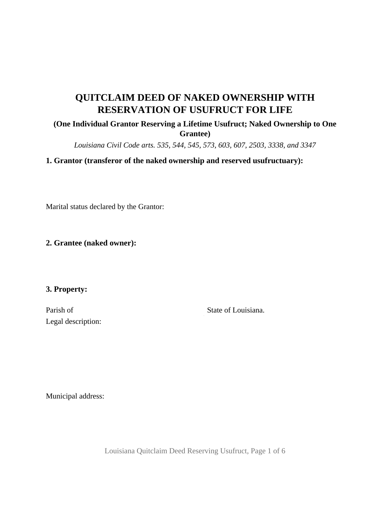Louisiana Quitclaim Deed (Reserving Life Estate)
