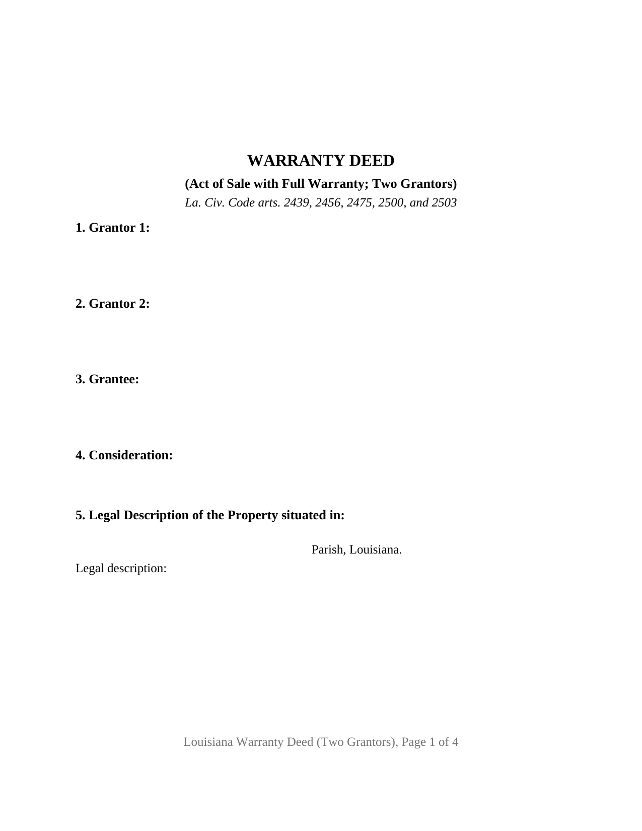 Louisiana Warranty Deed (Two Grantors)