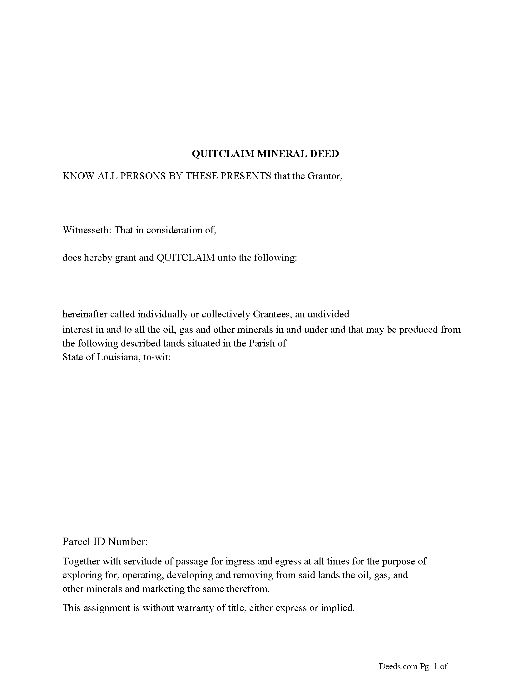 Assumption Parish Mineral Deed with Quitclaim Covenants Form