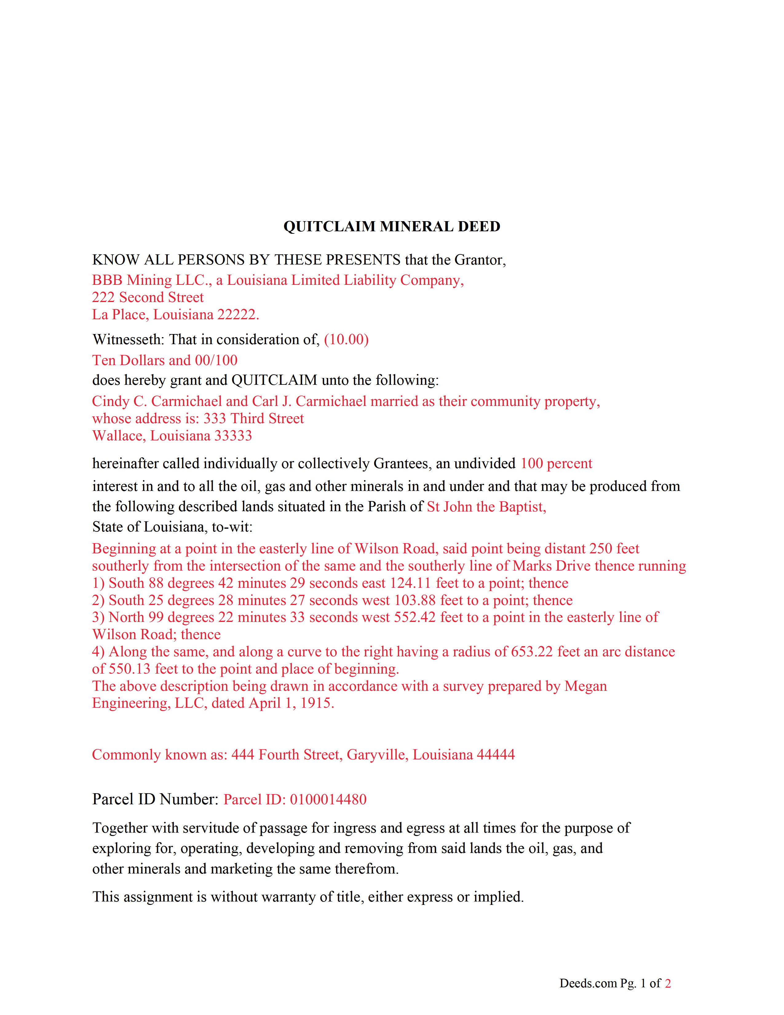 Assumption Parish Completed Example of the Mineral Deed with Quitclaim Covenants Document