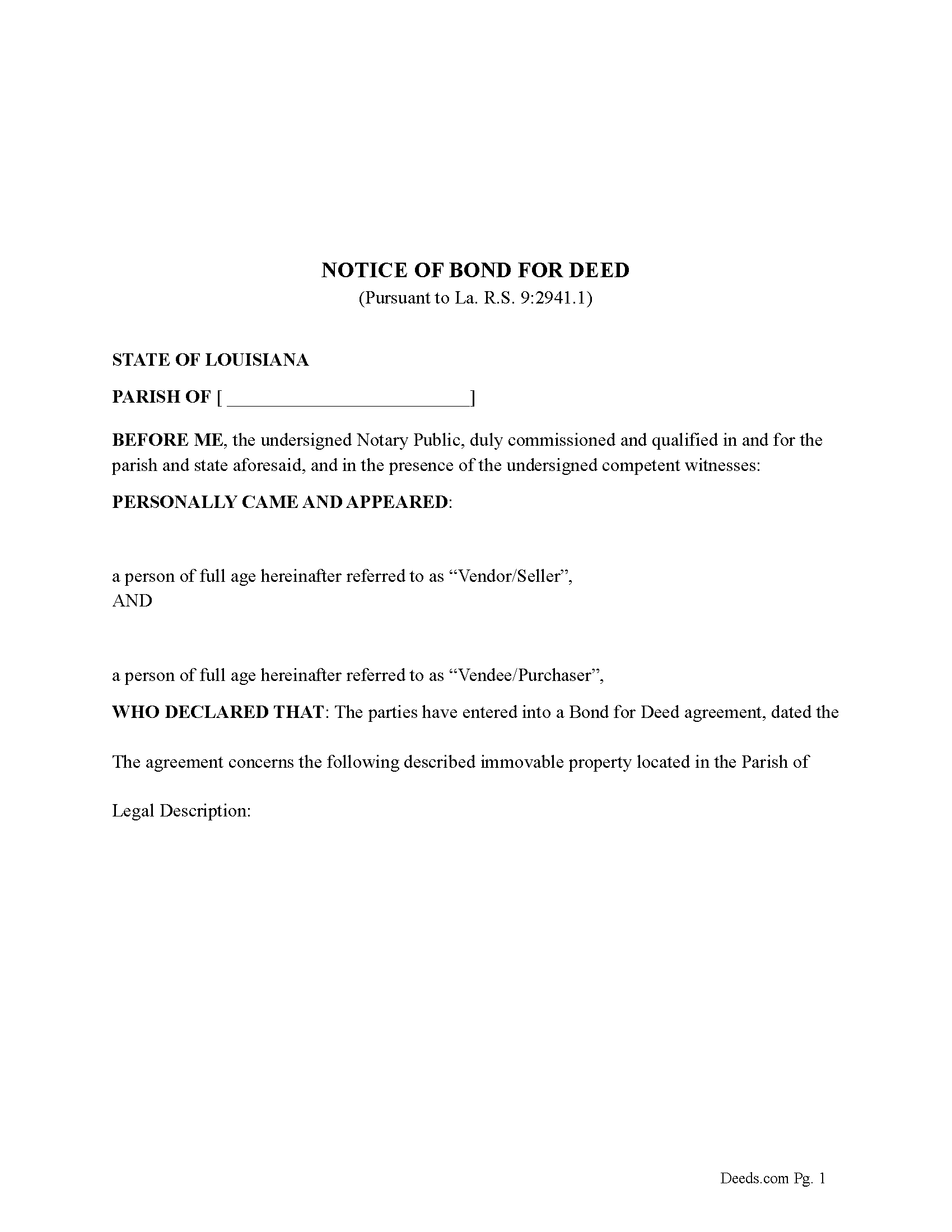 Assumption Parish Notice of Bond for Deed Form