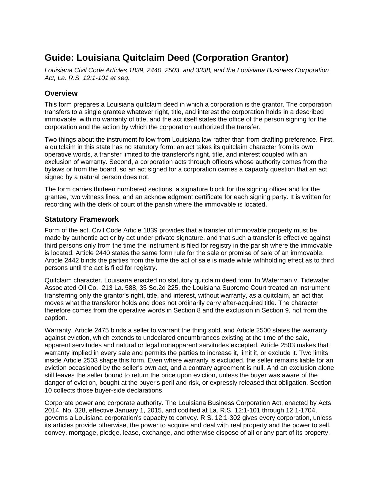 Winn Parish Quitclaim Deed (Corporation Grantor) Guide