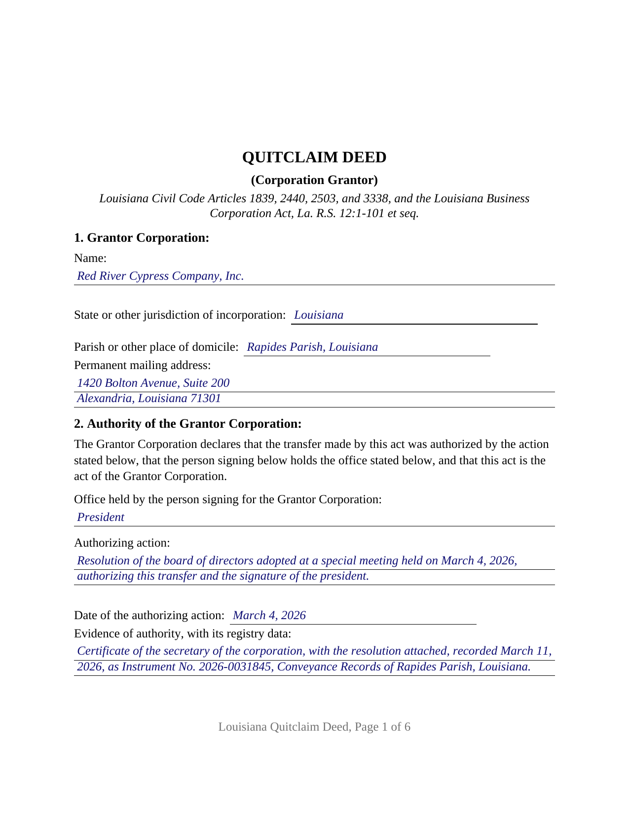 Winn Parish Completed Example of the Quitclaim Deed (Corporation Grantor) Document
