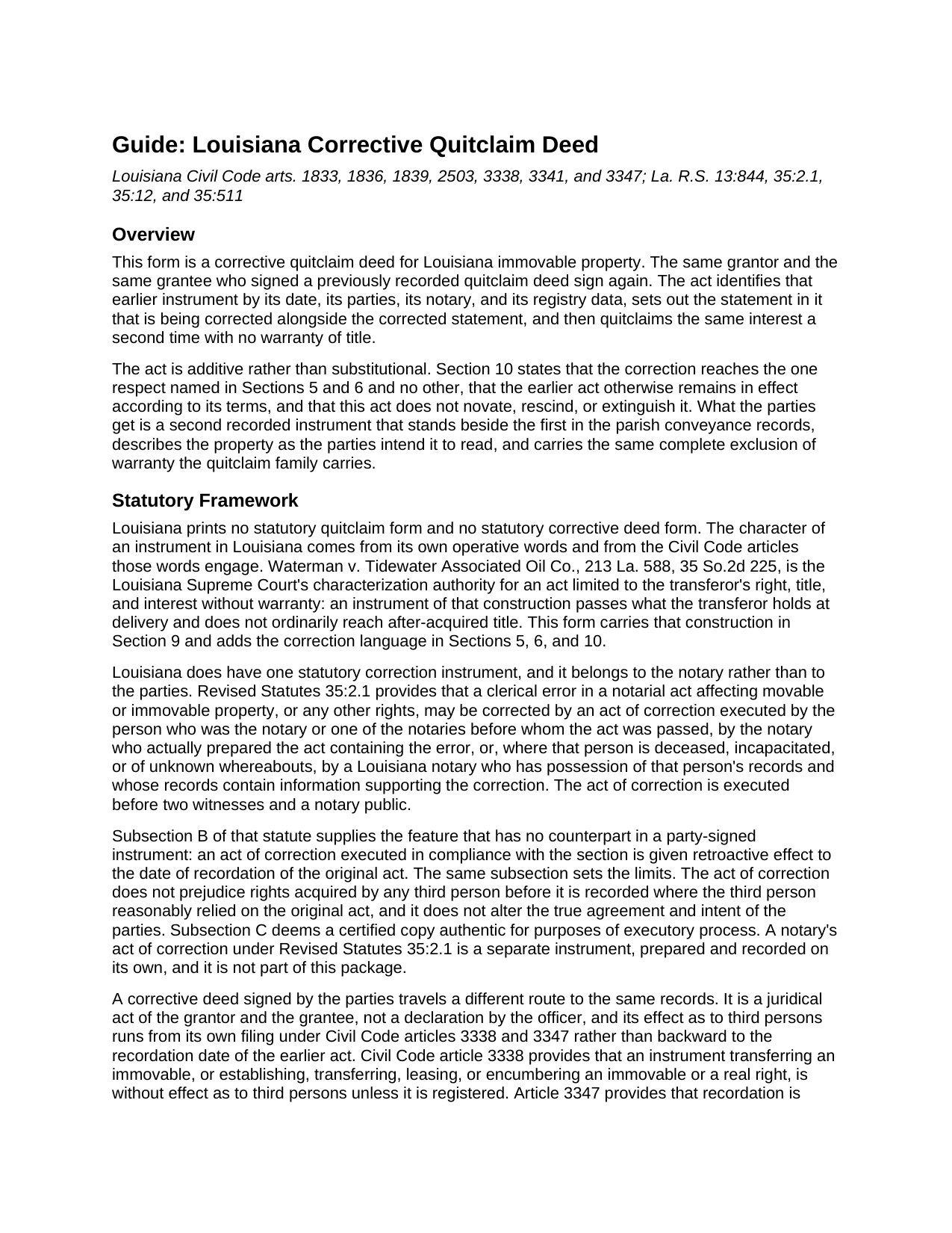 Lafourche Parish Quitclaim Deed (Corrective) Guide