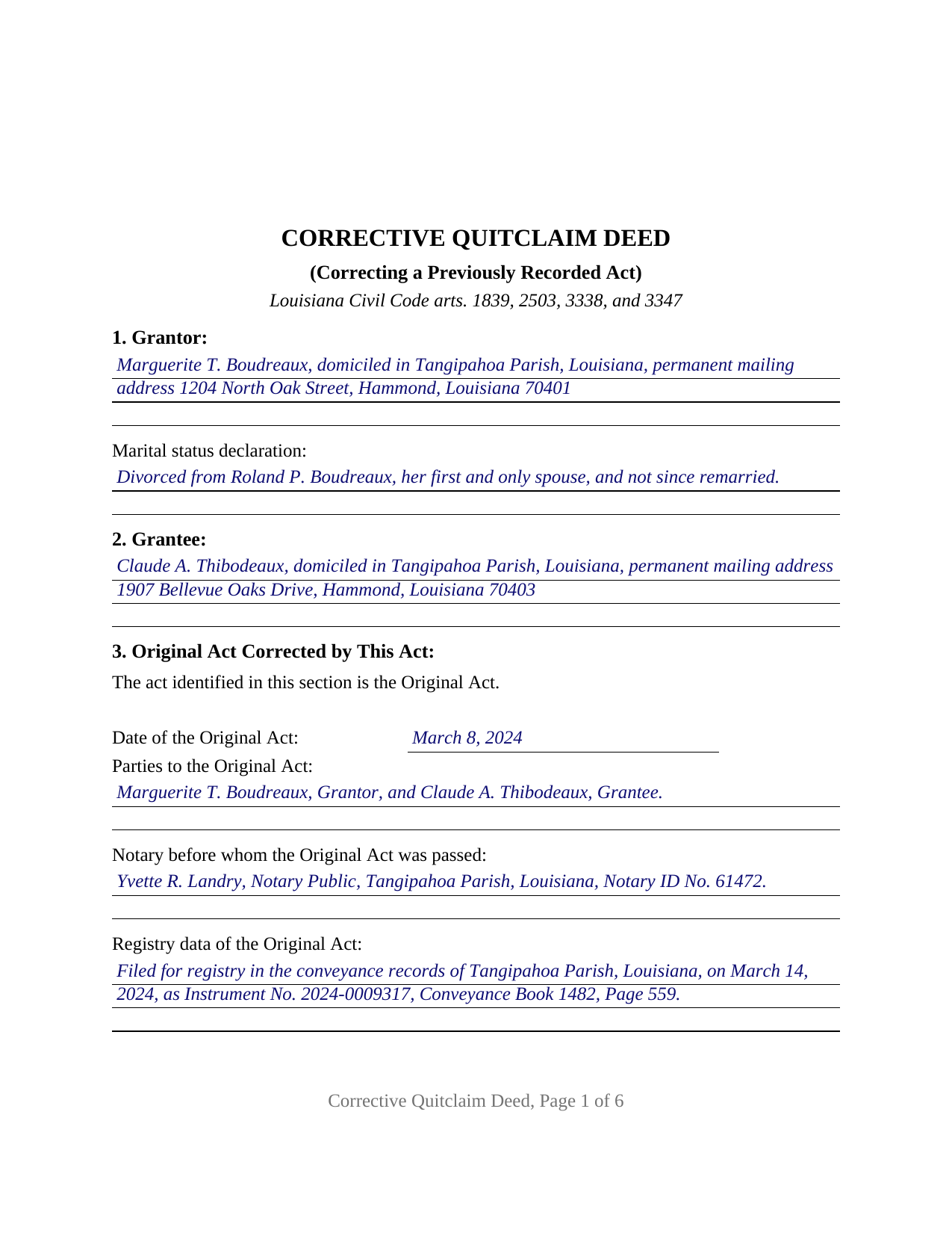 Lafourche Parish Completed Example of the Quitclaim Deed (Corrective) Document