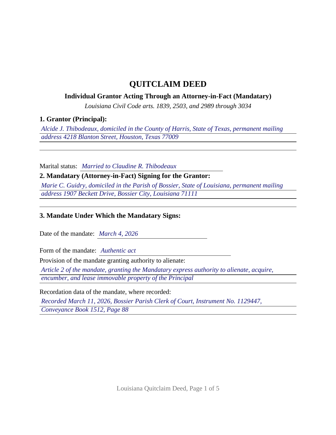 Catahoula Parish Completed Example of the Quitclaim Deed (Individual Grantor by Attorney-in-Fact) Document