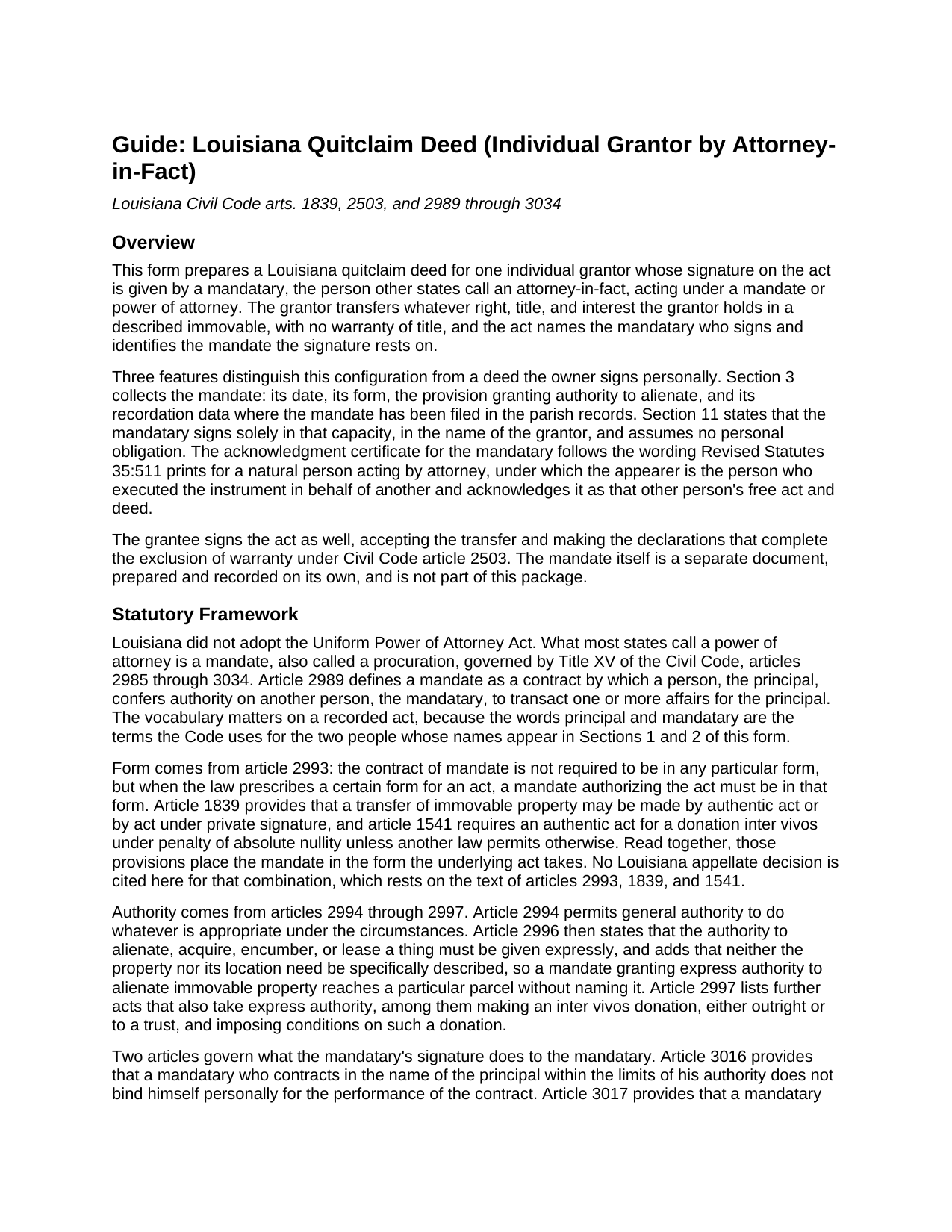 Catahoula Parish Quitclaim Deed (Individual Grantor by Attorney-in-Fact) Guide