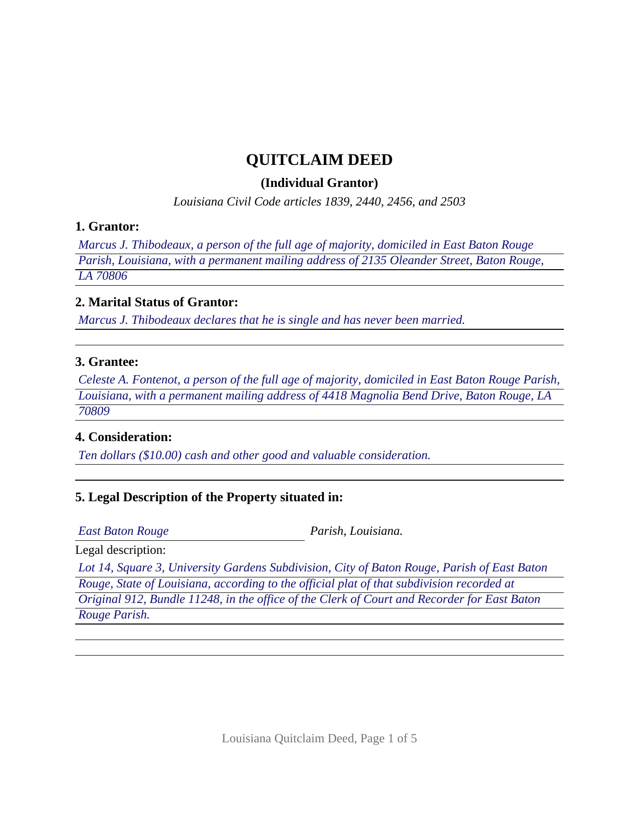 Webster Parish Completed Example of the Quitclaim Deed (Individual Grantor) Document