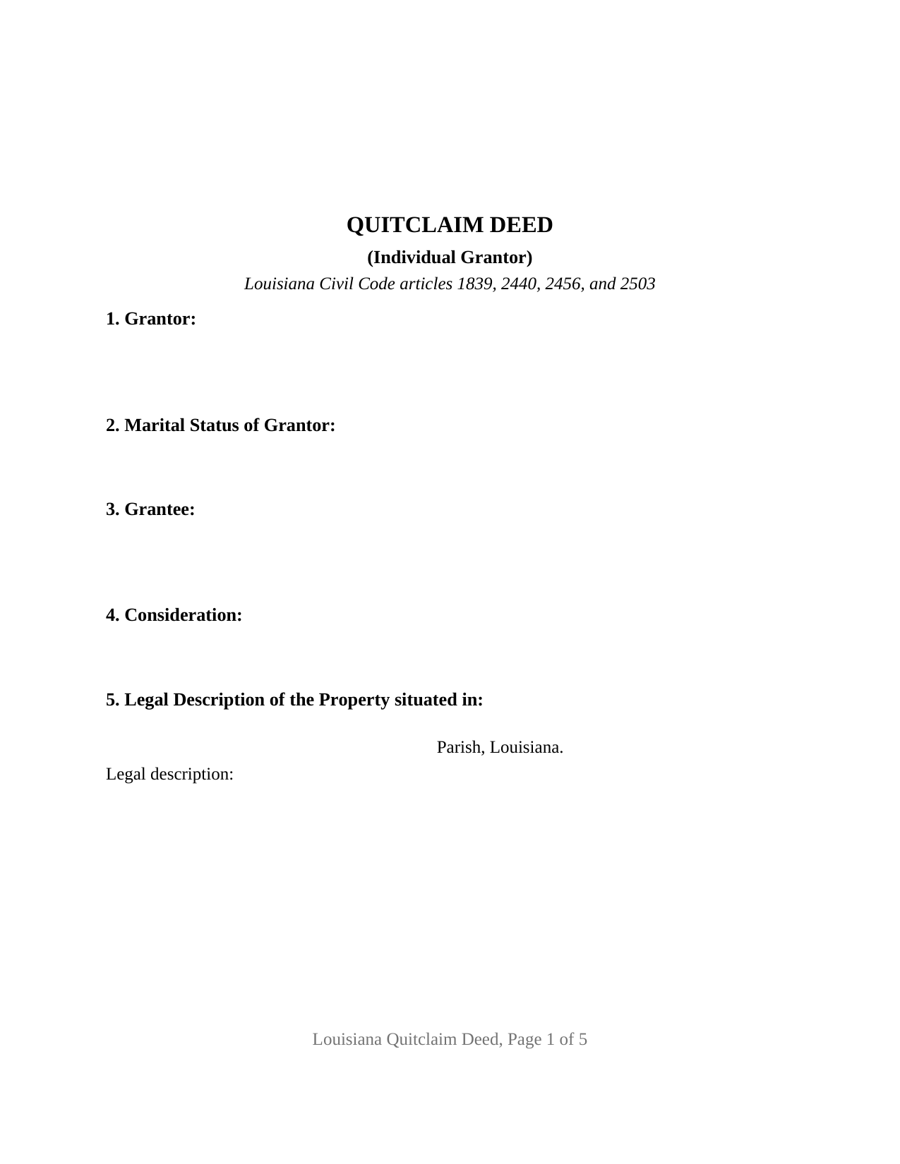 Webster Parish Quitclaim Deed (Individual Grantor) Form