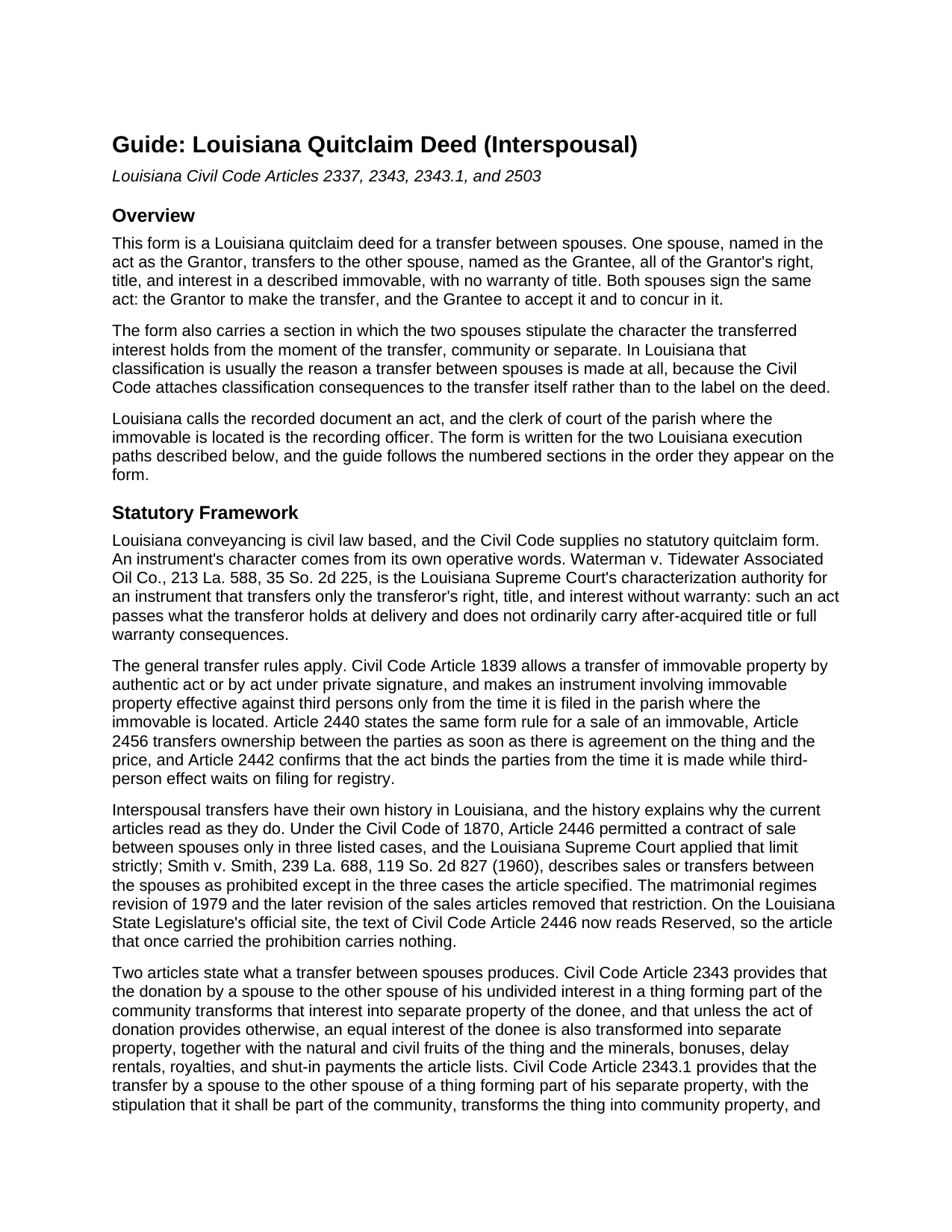 Avoyelles Parish Quitclaim Deed (Interspousal) Guide