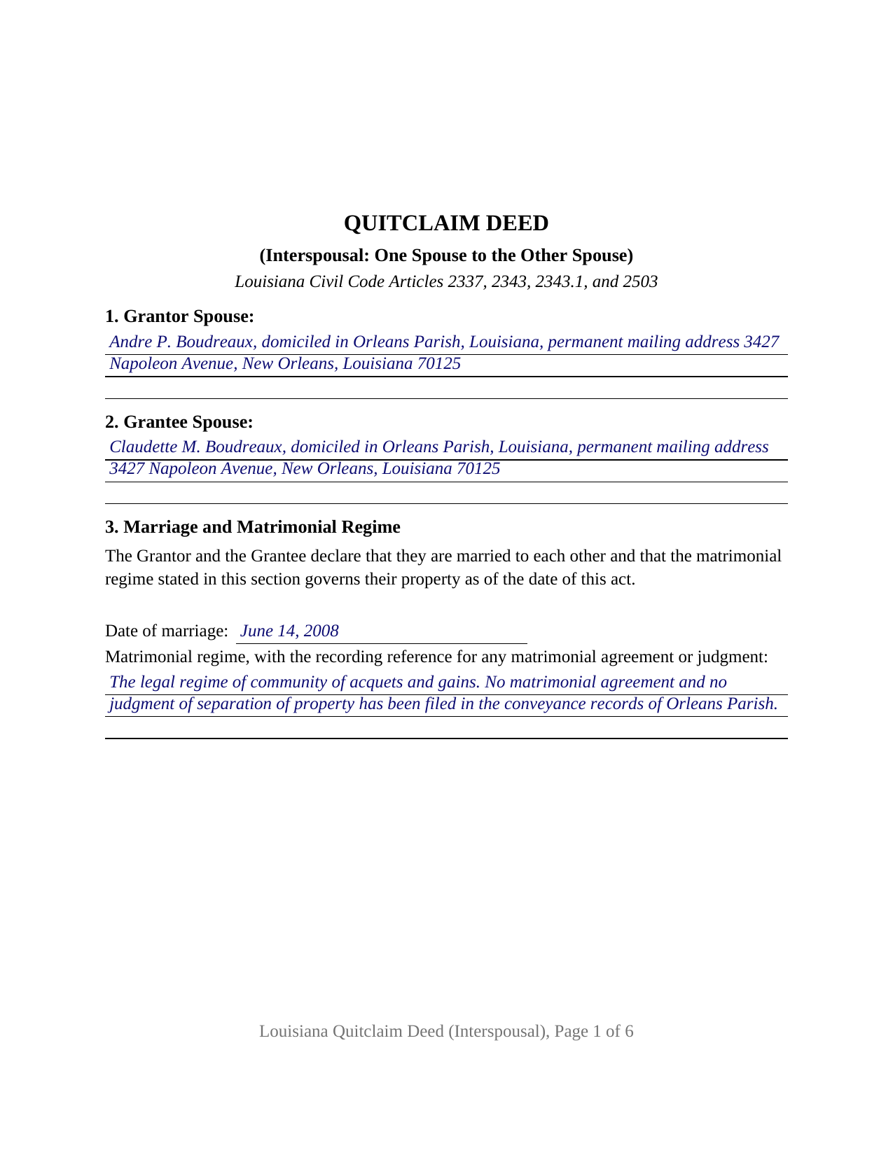Avoyelles Parish Completed Example of the Quitclaim Deed (Interspousal) Document